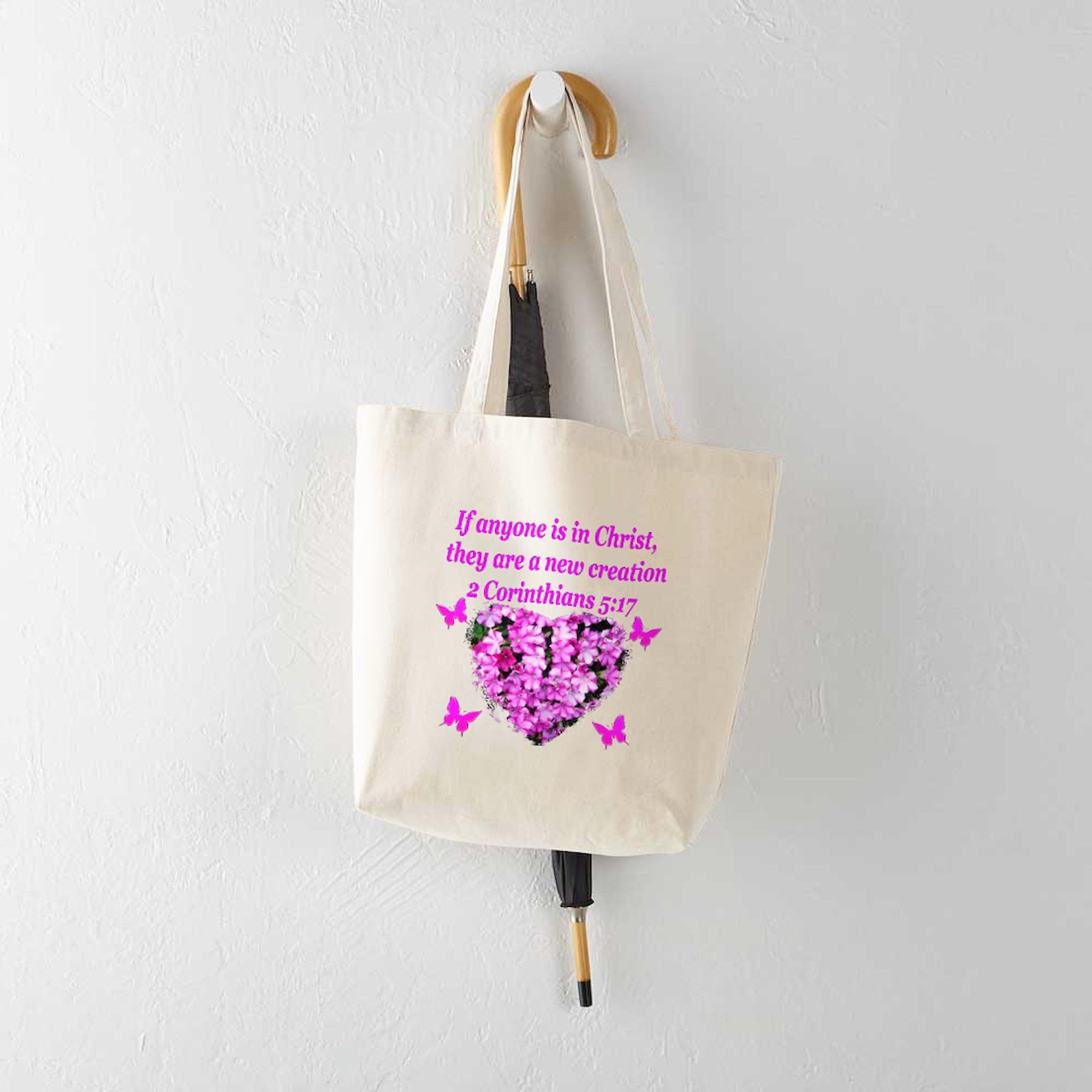 2 Corinthians 5:17 Inspirational Bible Verse Tote Bag - Natural Canvas Reusable Grocery Shopping Bag for Women, Church, Bible Study & Daily Use