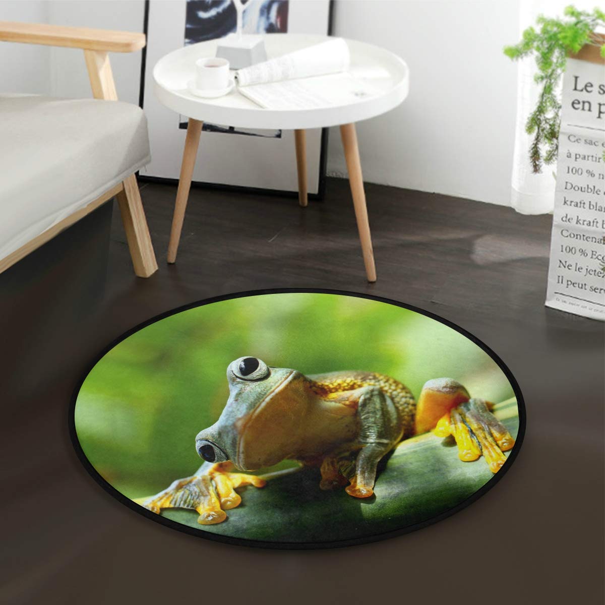 ALAZA Hipster Frog Green Summer Tropical Round Area Rug - 3' Diameter (92 cm) for Living Room, Bedroom, Nursery - Boho Home Decor, Soft Floor Mat for Kids Room, Dorm, Office