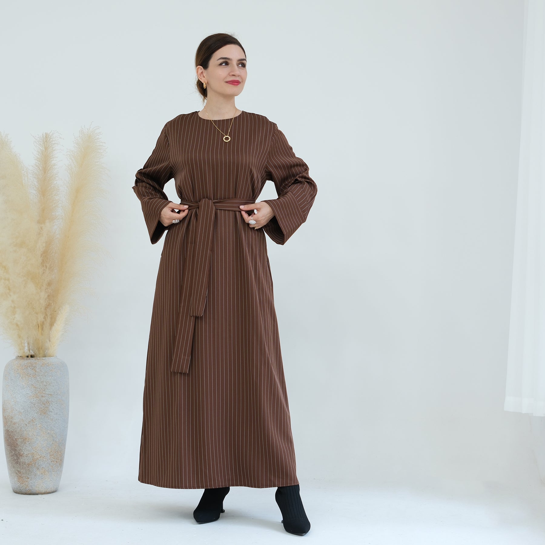 Janine Stripe Long Sleeve Belted Maxi Dress for Women - Brown Flowy Boho Dress for Beach, Wedding & Casual Outings