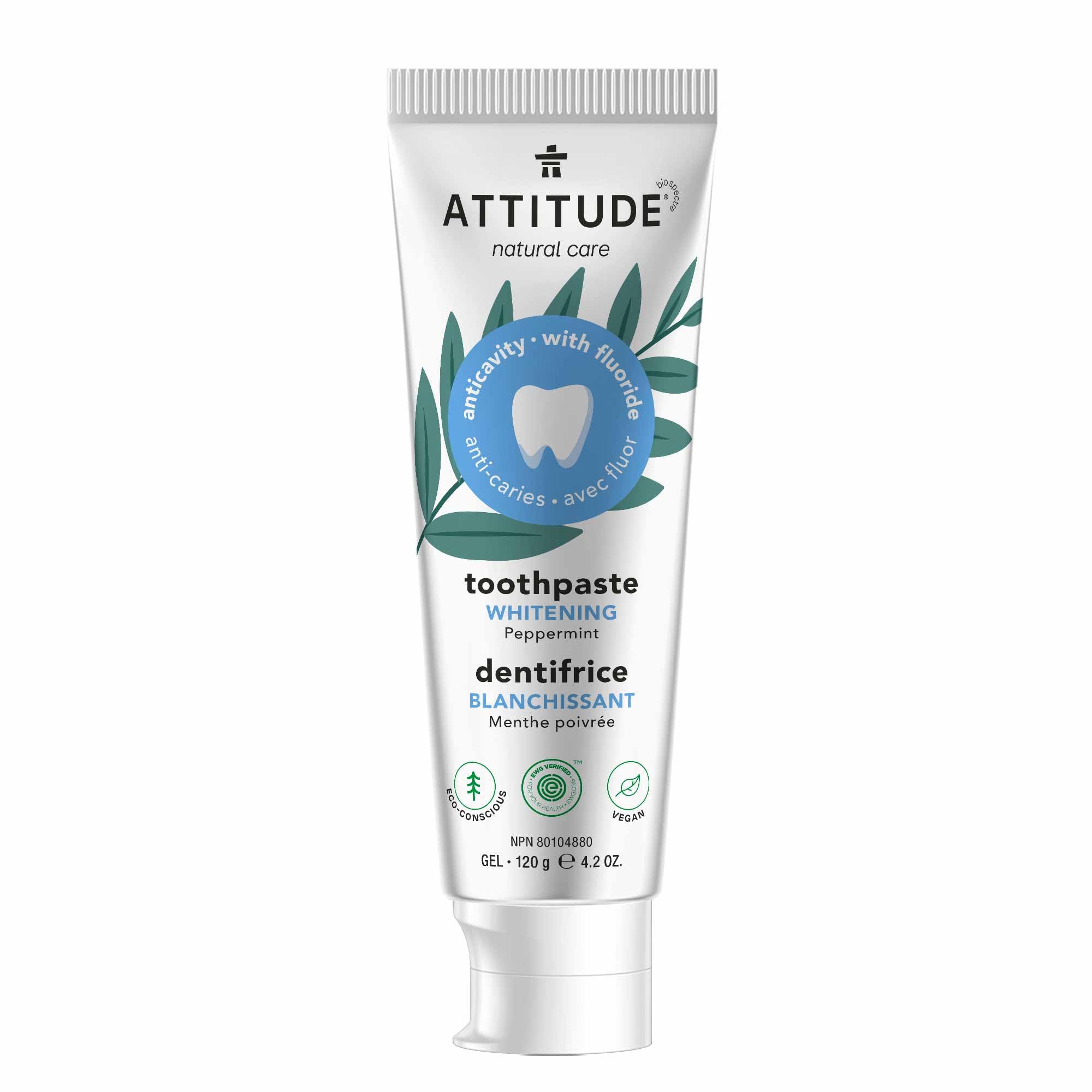 ATTITUDE Fluoride Toothpaste for Cavity Prevention | Vegan, Cruelty-Free & Sugar-Free | Whitening Peppermint Flavor (4.2 Oz) – Fresh Breath for Daily Oral Care & Teeth Whitening