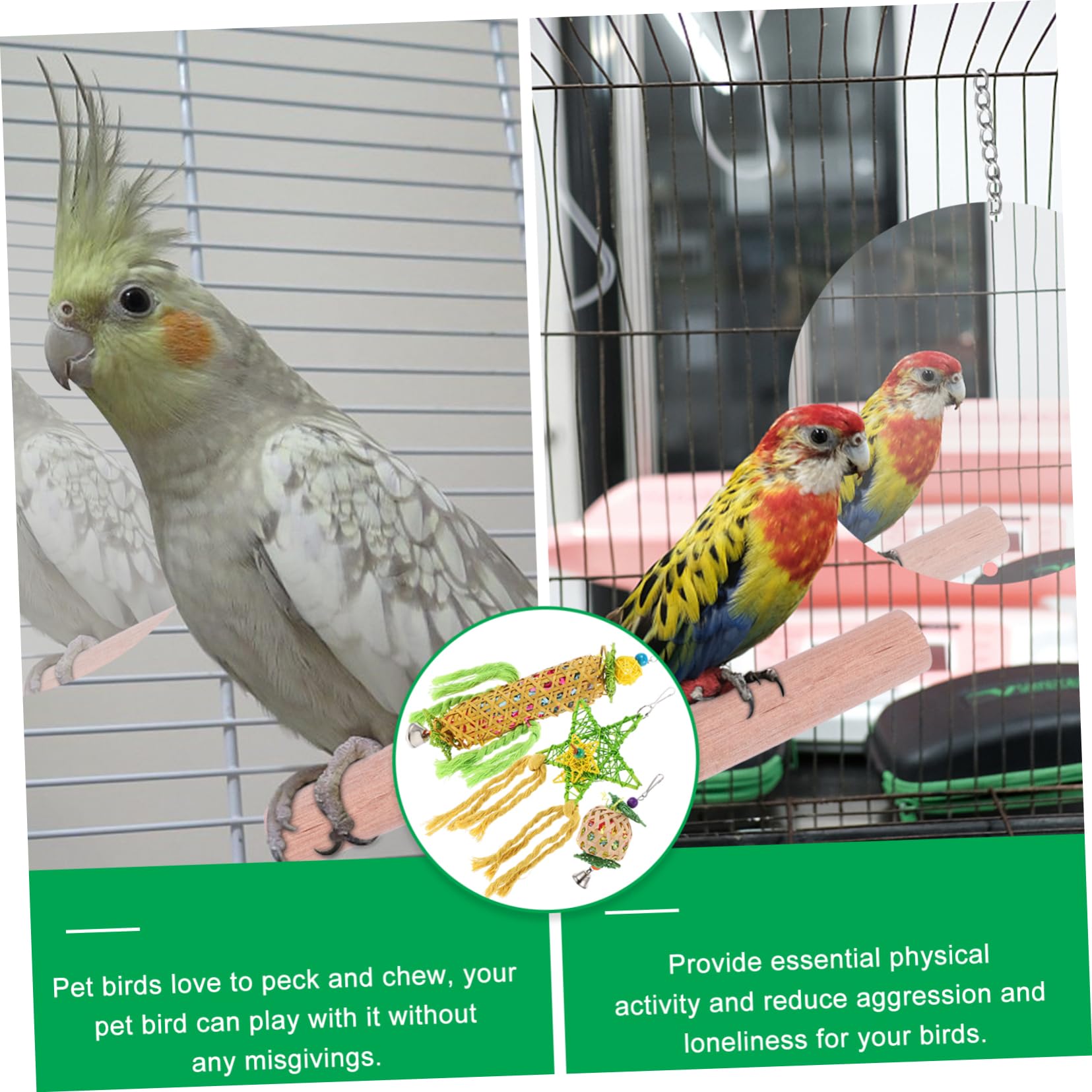 3pcs Parrot Chew Toys - Natural Wooden Skewers, Foraging Paper & Rattan Ball - Bird Molar & Shredder Toys for Parakeets, Cockatiels, Lovebirds - Perfect for Cage Hanging & Mental Stimulation