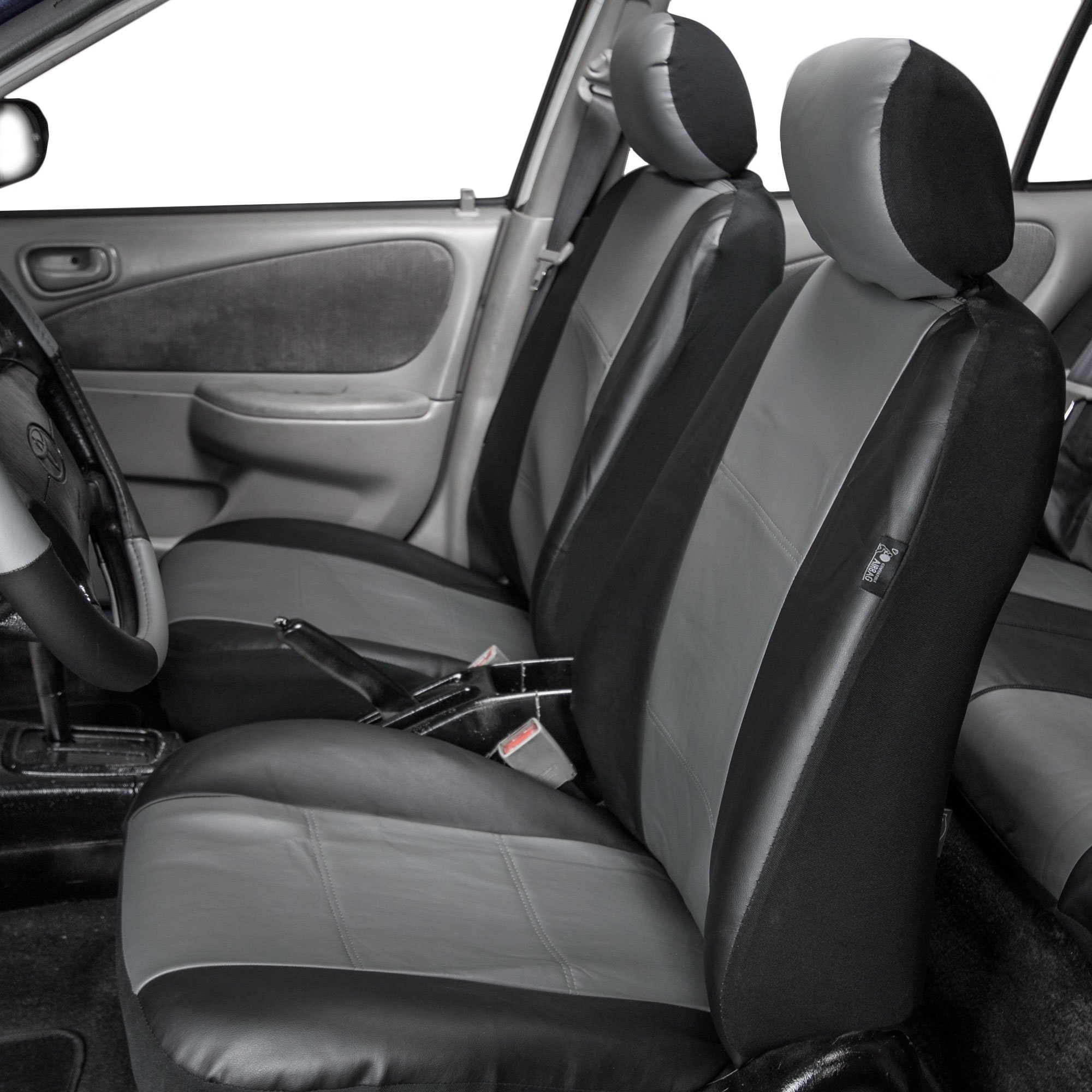 Premium PU Leather Car Seat Covers Full Set - Universal Fit for Sedans, Trucks & SUVs (Gray/Black) | FH Group PU002115 + FH2006 | Gift Included | Perfect for Daily Commute, Road Trips & Vehicle Protection