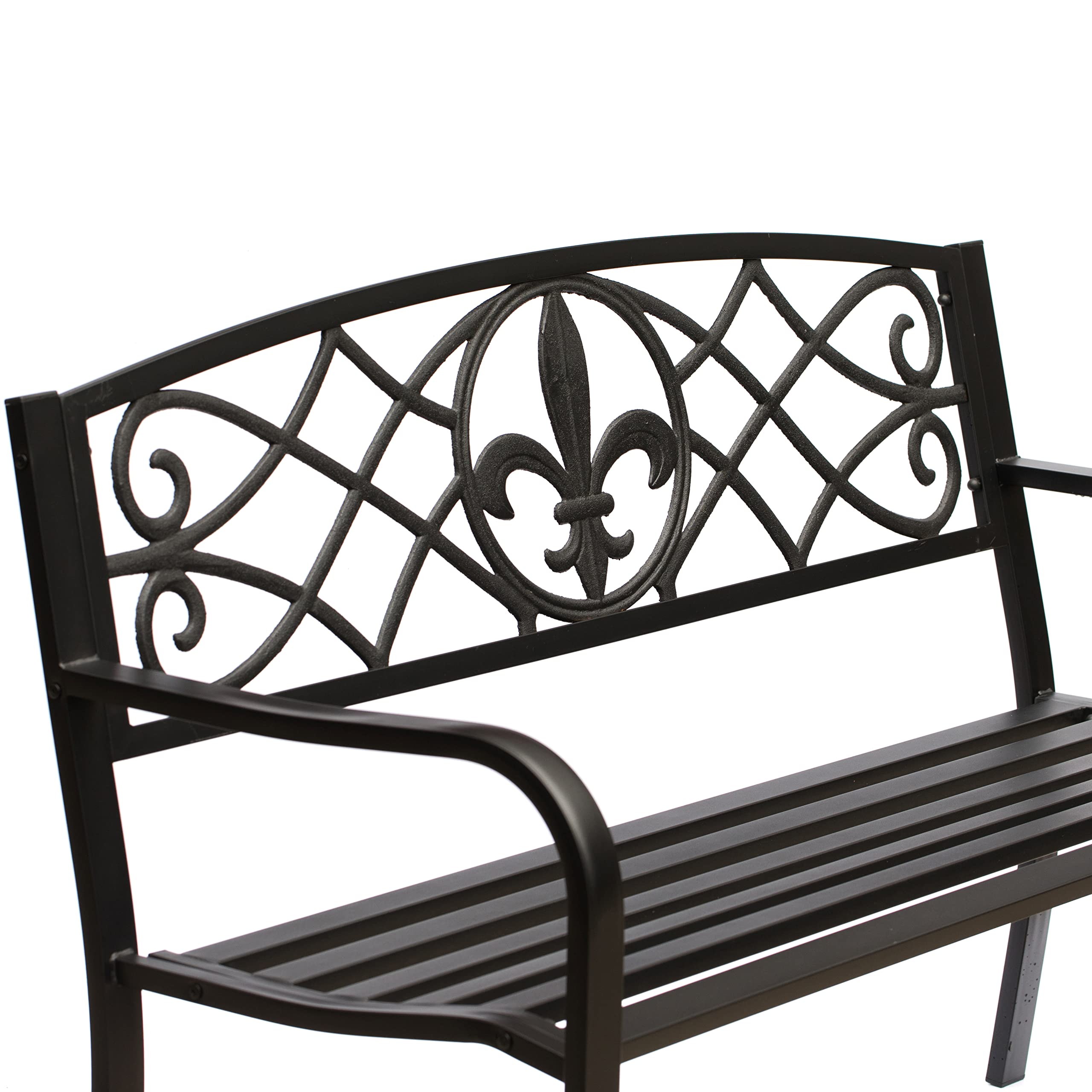 Outdoor Steel Park Bench with Cast Iron Back - Heavy Duty Garden Patio Bench for Yard, Balcony, Deck | Durable Black Seating Bench for Outdoor Relaxation, Park Decor & Backyard Lounging