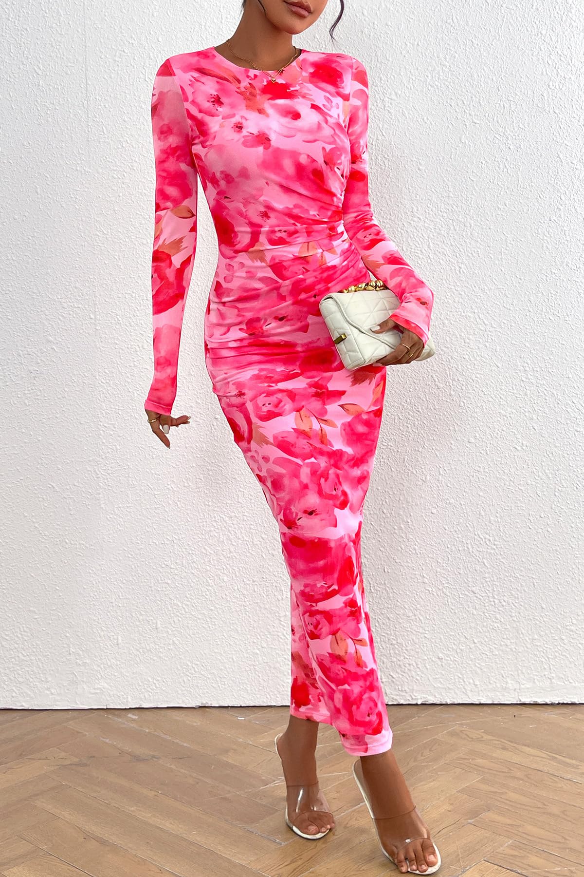 Elegant Floral Print Long Sleeve Bodycon Dress for Women - Ruched Cocktail Party & Wedding Guest Maxi Dress - Perfect for Evening Events, Date Nights & Special Occasions