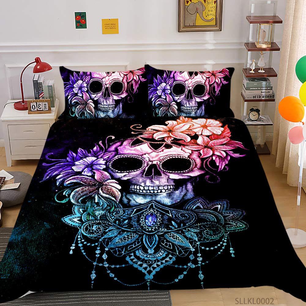 Luxury Sugar Skull Duvet Cover Set with Pillowcases - Black & Red Floral Skull Print Bedding for Twin, Full & King Size (Comforter Not Included) | Gothic Home Decor, Halloween Bedroom Theme, Unique Gift Idea