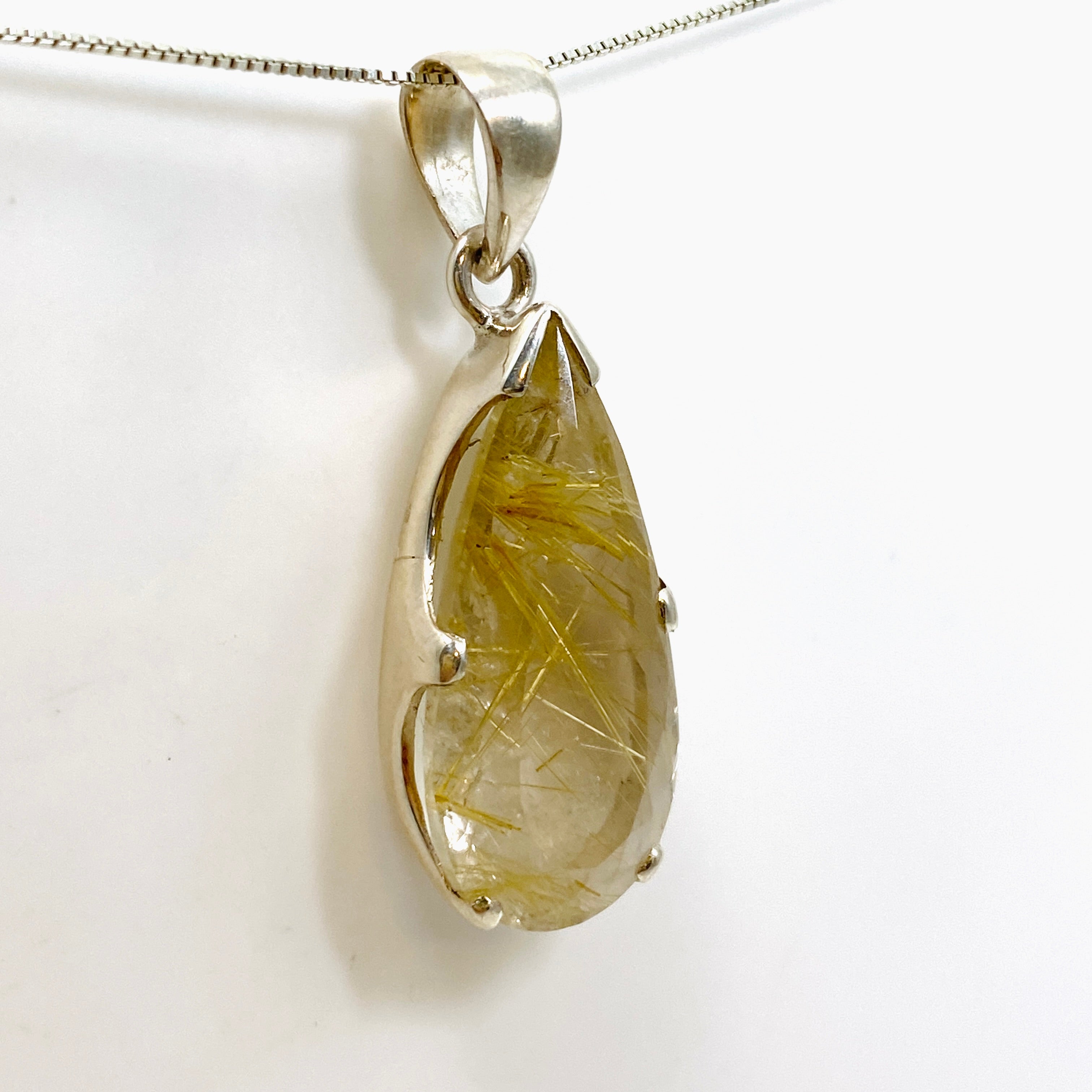 Golden Rutile Quartz Teardrop Faceted Pendant Necklace - Natural Gemstone Jewelry PPGJ888 for Women's Fashion & Spiritual Healing