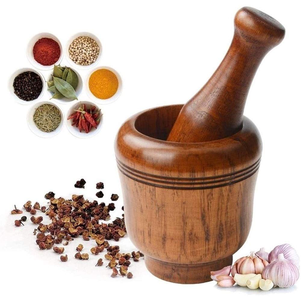 Bamboo Design Plastic Mortar and Pestle Set for Grinding Garlic, Spices, Chillies & Sesame Seeds - Natural Brown - Perfect for Kitchen, Cooking & Herbal Medicine Preparation