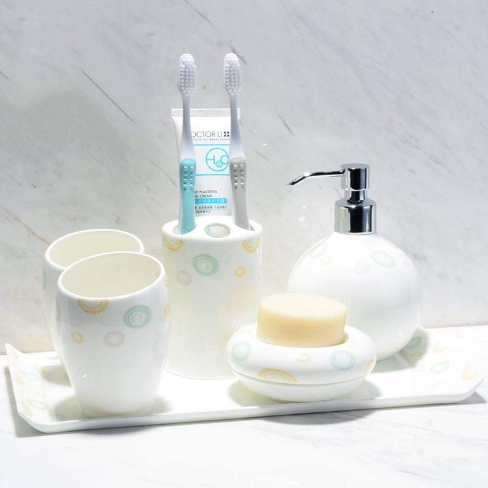 Vintage Ceramic Bathroom Accessories Set - 6 Piece Cartoon Yellow Green Circle White Soap Dispenser, 2 Washing Cups, Vanity Tray, Toothbrush Holder & Soap Dish | Bathroom Vanity Decor for Modern & Farmhouse Style Homes