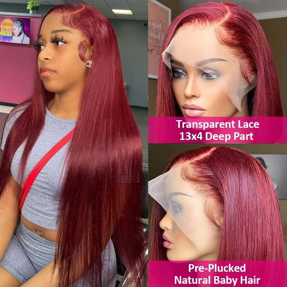 Burgundy 13x4 Lace Front Wig Human Hair 99J - 16 Inch Straight Glueless Pre Plucked with Baby Hair 180% Density Lace Frontal Wigs for Women | Perfect for Daily Wear, Cosplay, Parties & Special Occasions