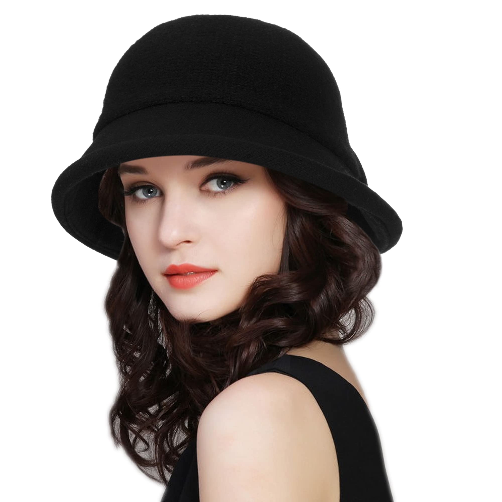 Vintage 1920s Women's Wool Blend Cloche Hat - Upturn Brim Winter Felt Bucket Bowler Hat - Crushable & Foldable for Church, Tea Parties & Retro Fashion Events
