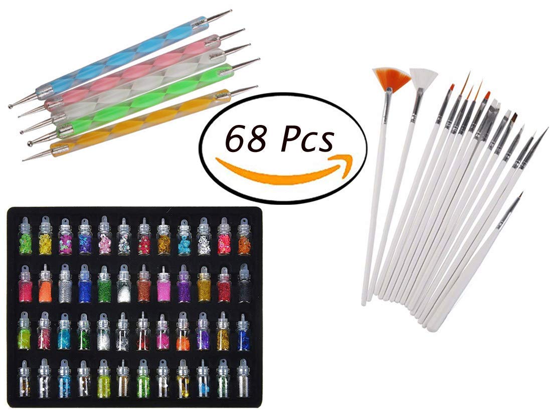 FOK 48 Colors 3D Nail Art Gel Polish Set with 5Pc Double-Sided Dotting Pens & 15Pc Nail Art Brushes - 68Pc Professional Manicure Kit for Salon, Home DIY Nail Designs & Acrylic Nail Art