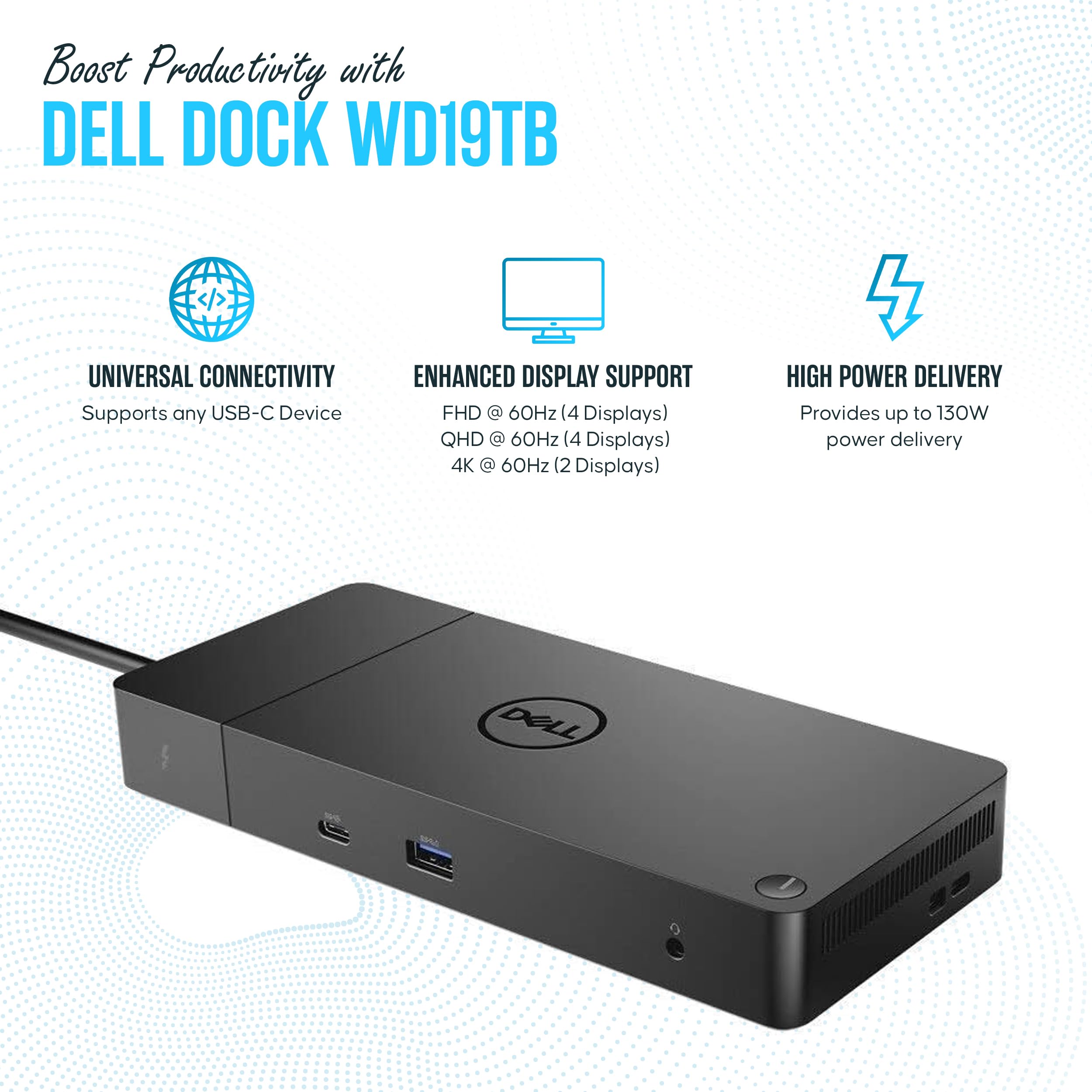 Dell WD19TB Thunderbolt Dock - Dual Monitor USB-C Docking Station with 180W Power, HDMI & DisplayPort - 1 Year Warranty (Renewed) - Perfect for Home Office & Remote Work Setup