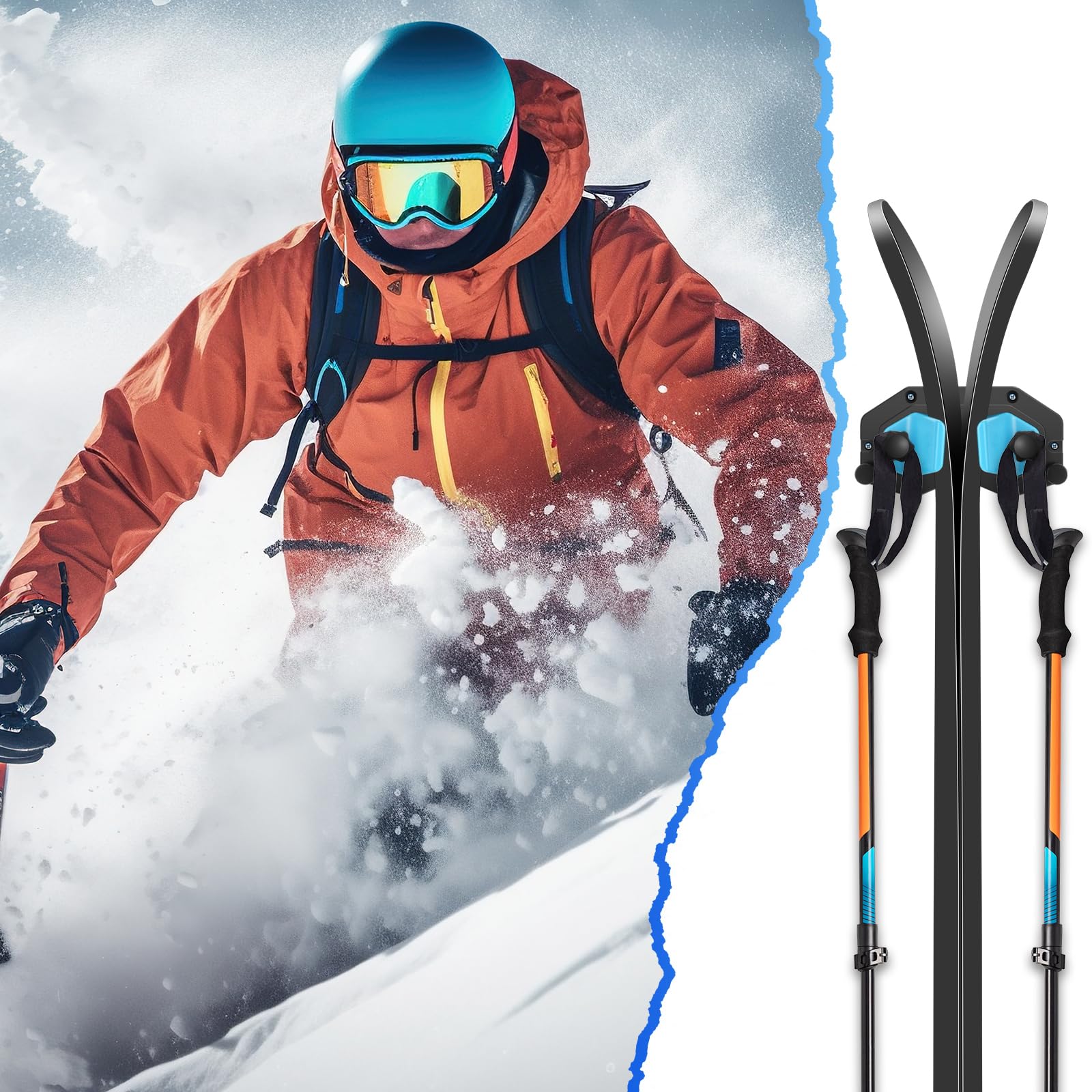 6 Pack Ski and Snowboard Wall Mount Rack - Heavy Duty Garage Storage Organizer for Skis, Snowboards & Gear - Space Saving Tool Holder for Men & Women - Perfect for Home, Garage, or Cabin Organization