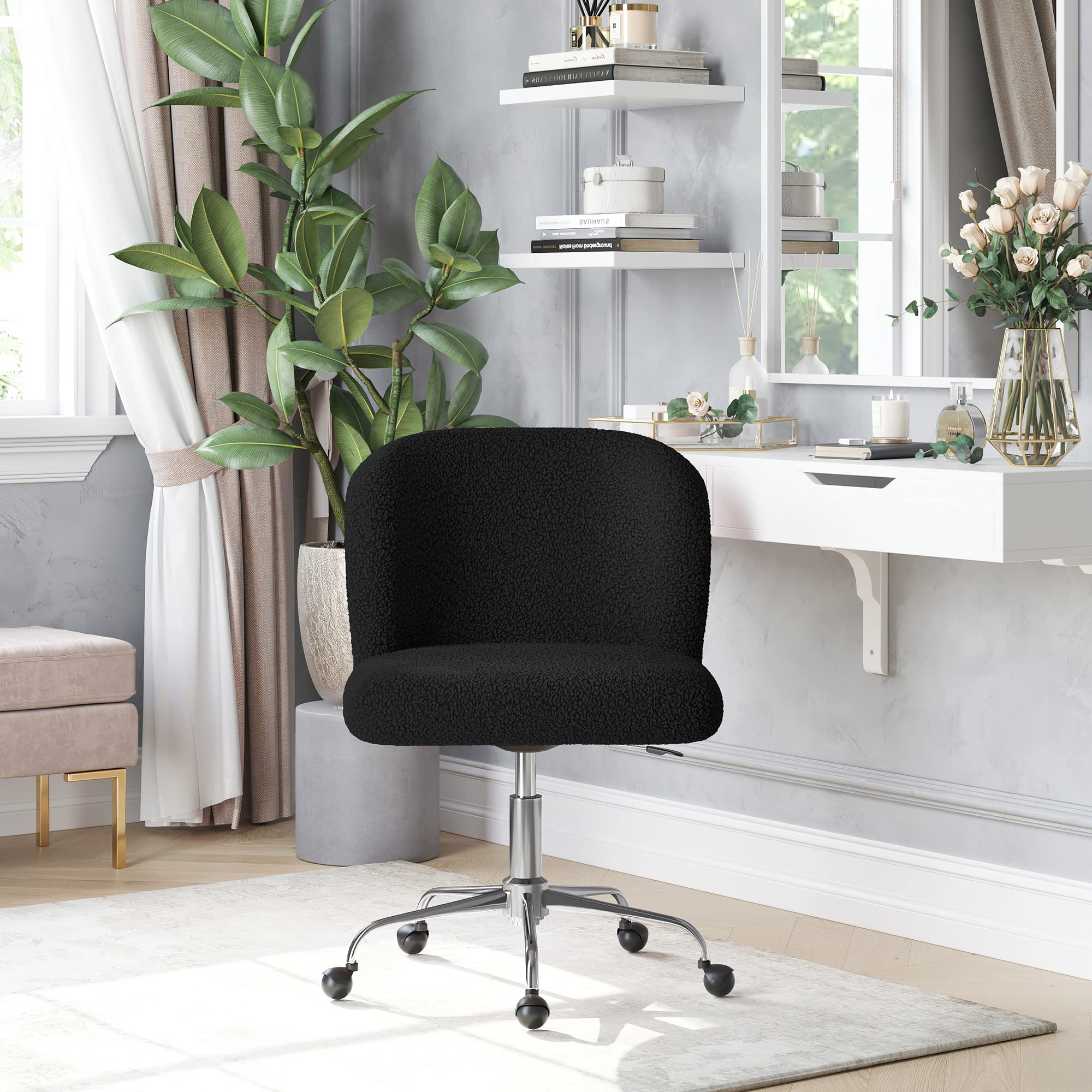 BELLEZE Modern Upholstered Boucle Office Chair - Swivel Wheels, Adjustable Height, Ergonomic Support - Stylish Accent Chair for Home Office, Vanity Desk or Study Room - Black (Aston)