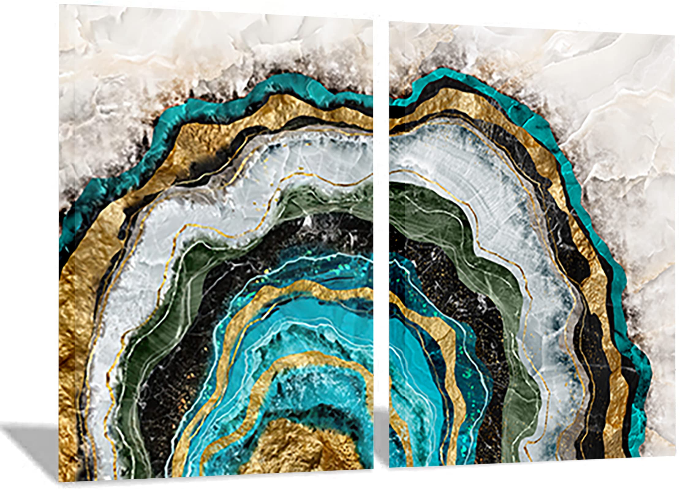 Modern Abstract Dark Green Gold Foil Lines Marble Canvas Wall Art - Set of 2 Unframed 16x24 Inch Prints - Trendy Home Decor for Living Room, Bedroom & Office - Contemporary Abstract Art for Modern Interior Design
