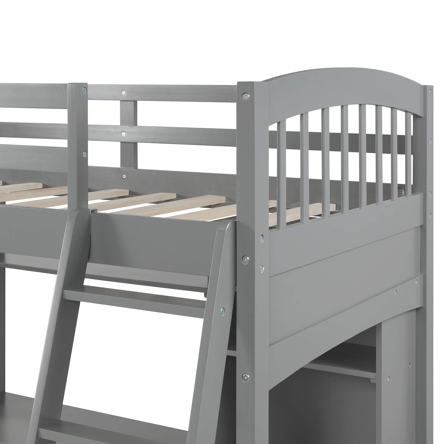 Merax Twin Size Loft Bed with Desk and Shelves - Solid Wood Loft Bed Frame in Gray | Space-Saving Study & Sleep Solution for Small Bedrooms, Dorms & Kids Rooms