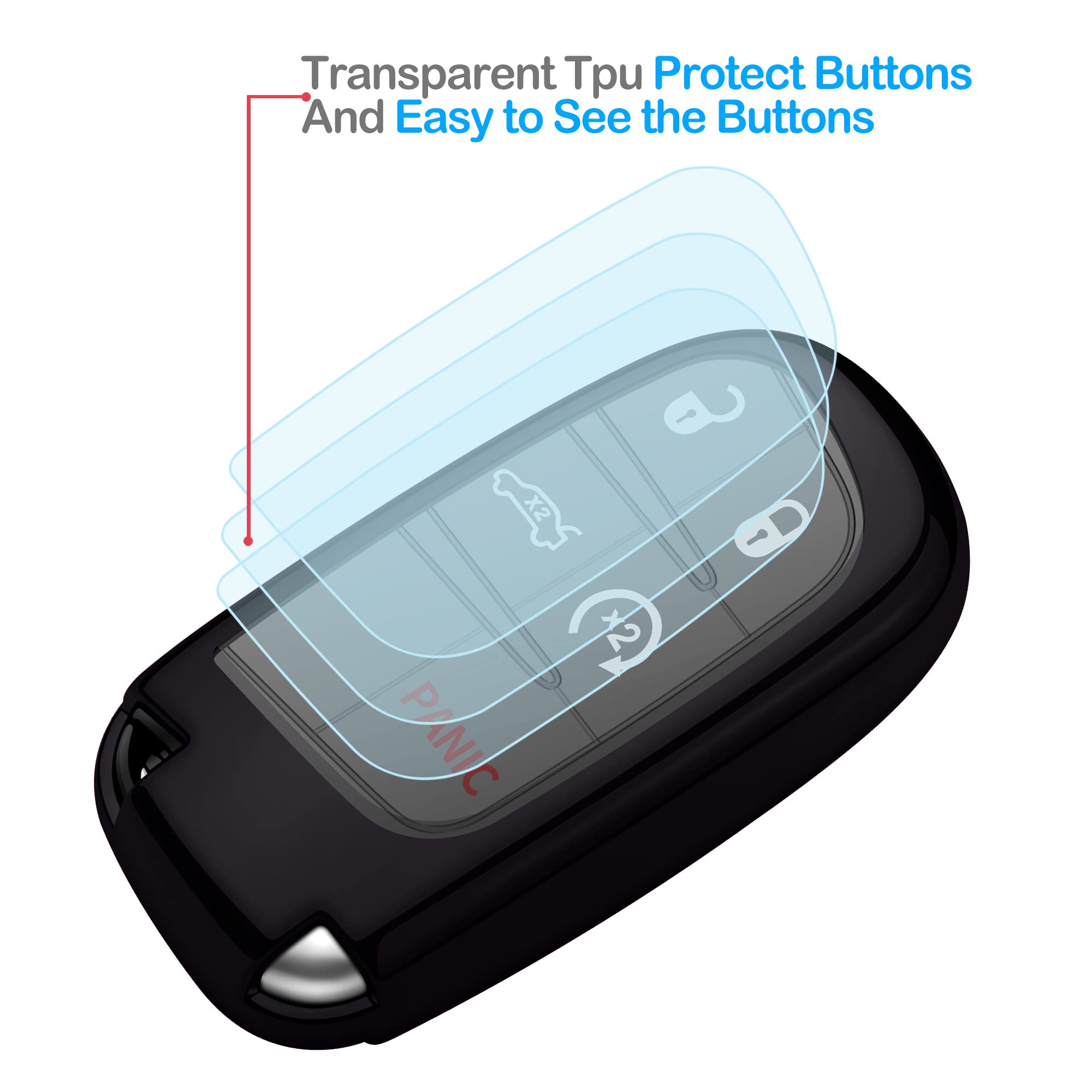 Premium Soft Full Protection Key Fob Cover for Jeep & Dodge - Compatible with Jeep Grand Cherokee, Wrangler, Compass, Cherokee, Renegade, Patriot, Grand Commander (Black) - Durable Key Case Shell for Everyday Protection & Style