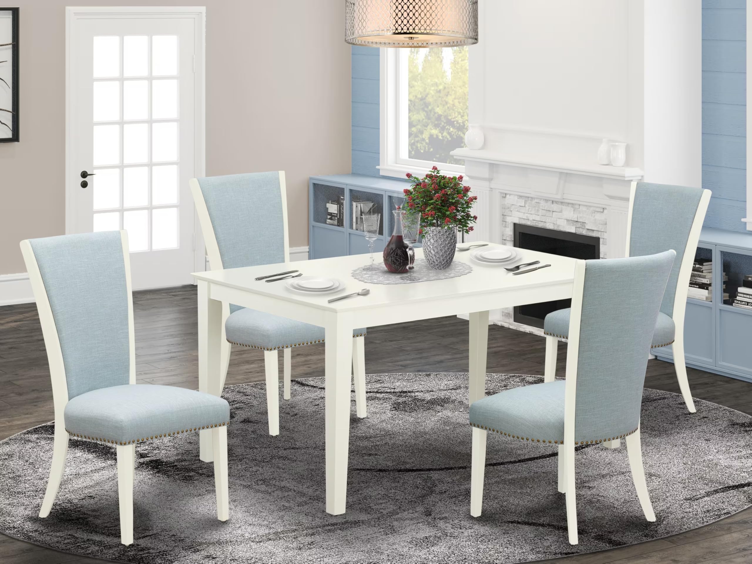 East West Furniture 5-Piece Dining Set - 36x60 Inch Rectangle Kitchen Table & 4 Baby Blue Linen Parsons Chairs, Modern White Dining Room Furniture for Small Spaces | Perfect for Breakfast Nooks, Apartments, and Cozy Family Meals