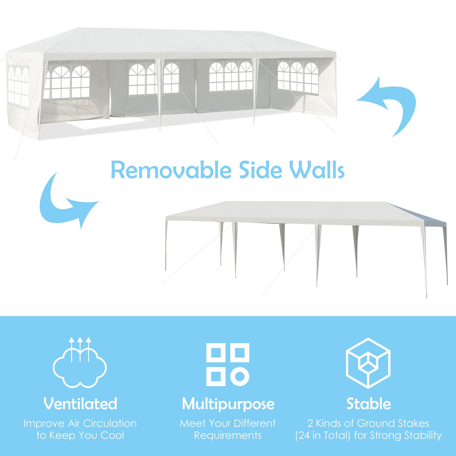 10FT x 30FT Heavy Duty Outdoor Wedding Party Tent with 5 Removable Sidewalls & Transparent Windows - Waterproof Instant Canopy Pavilion for Camping, BBQ, Backyard Events, and Outdoor Gatherings
