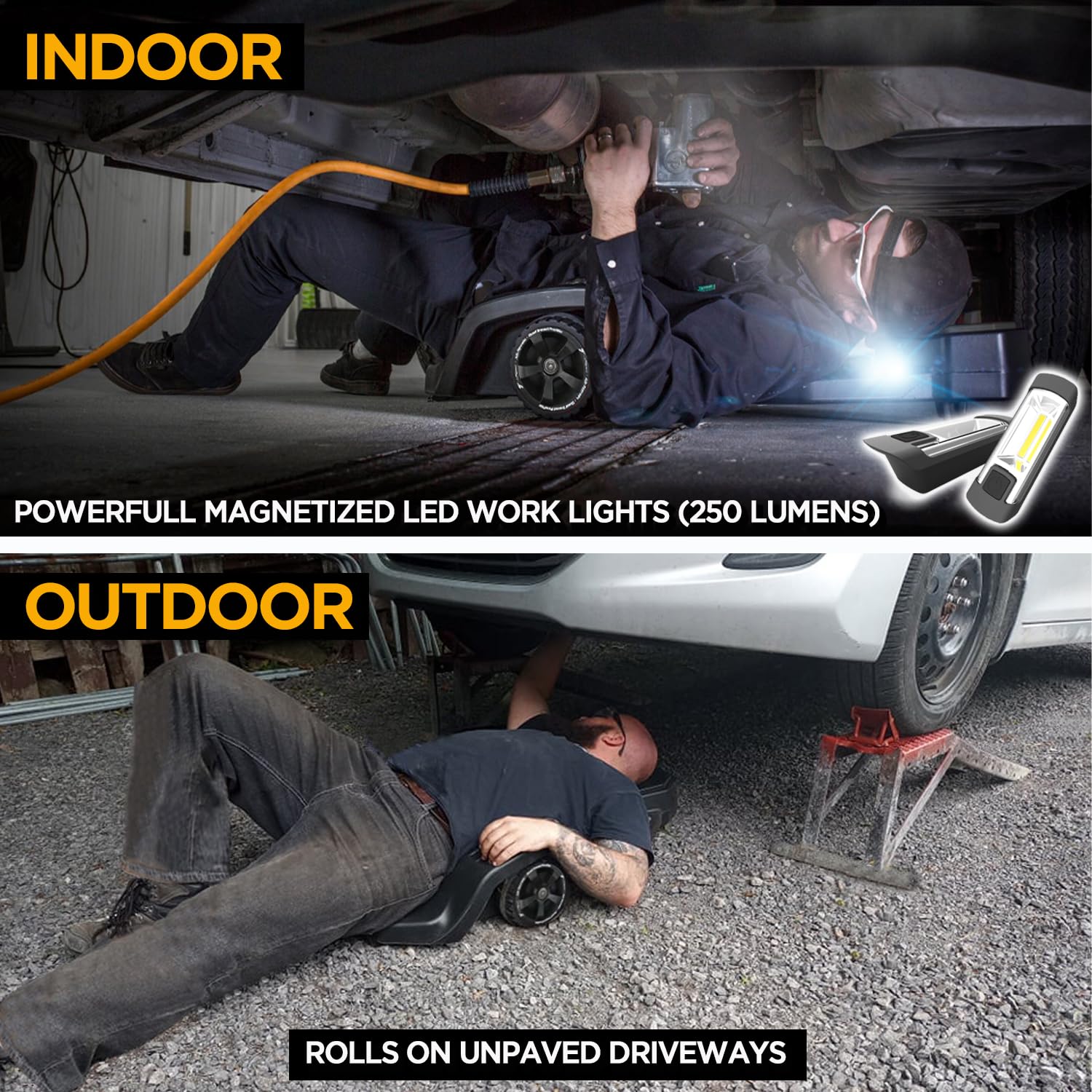 Fastback PRO Heavy Duty Ergonomic Automotive Creeper - 3-Wheel All-Terrain HDPE Design with Adjustable Height & 2 LED Work Lights - Perfect for Mechanics, DIY Garage Repairs & Outdoor Vehicle Maintenance (Wall Hanger Included)