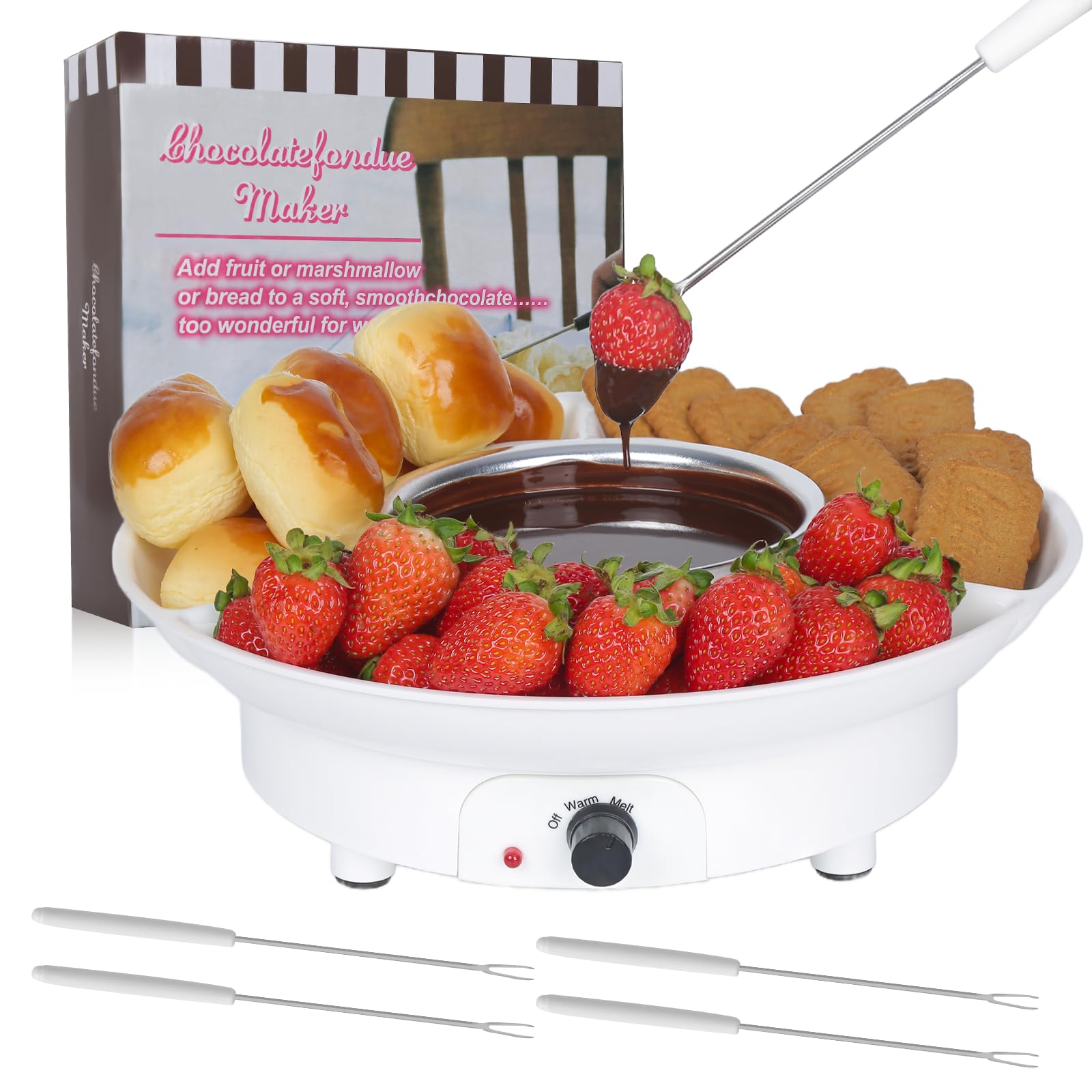 Stainless Steel Electric Fondue Pot Set with 4 Forks - Chocolate & Cheese Melting Pot for Parties, Butter Warmer with Serving Tray - Perfect for Valentine's Day, Family Gatherings & Dinner Parties