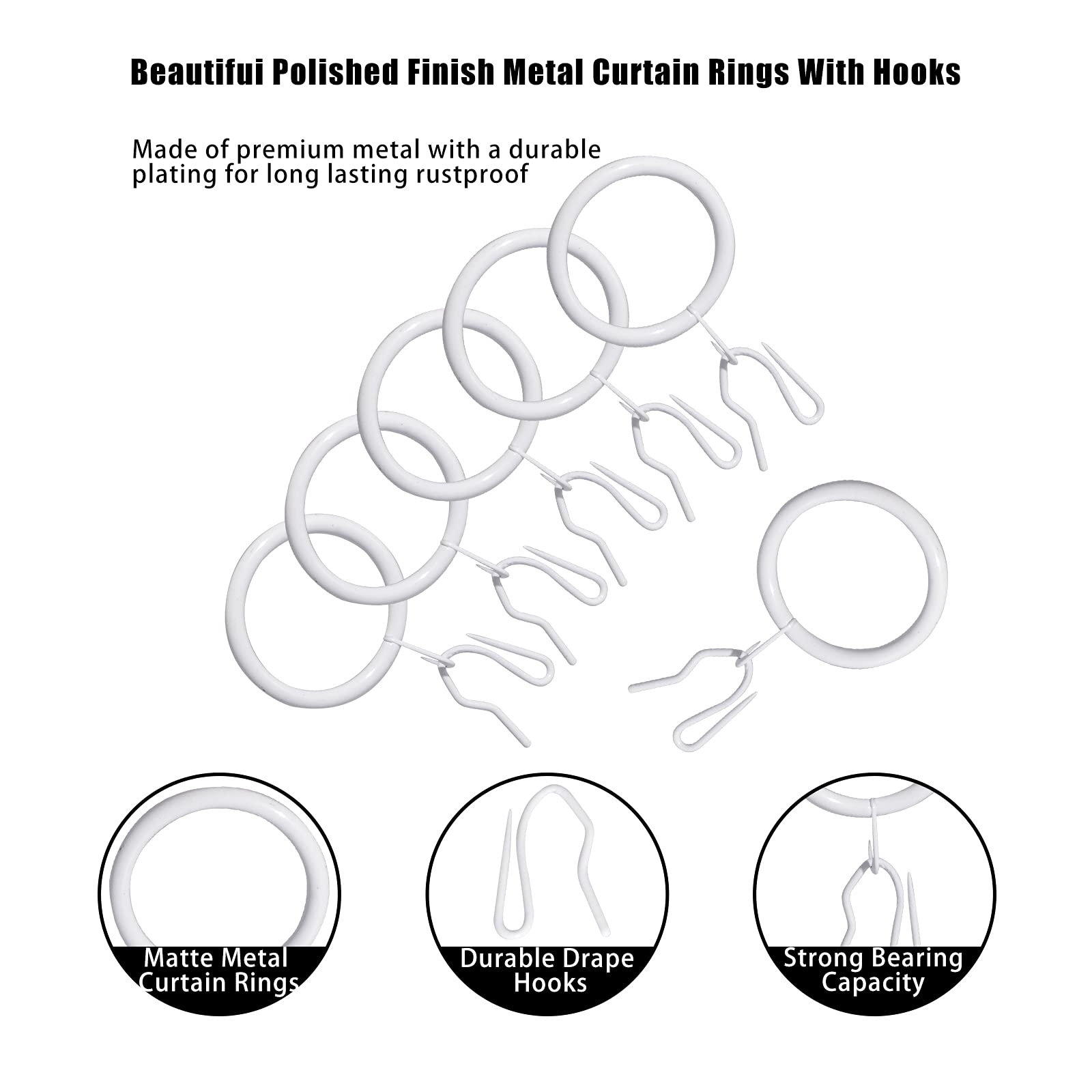 60 Pcs Metal Drapery Rings & Curtain Hooks - 30mm White Curtain Hanging Rings for Rods | Perfect for Living Room, Bedroom & Window Decor