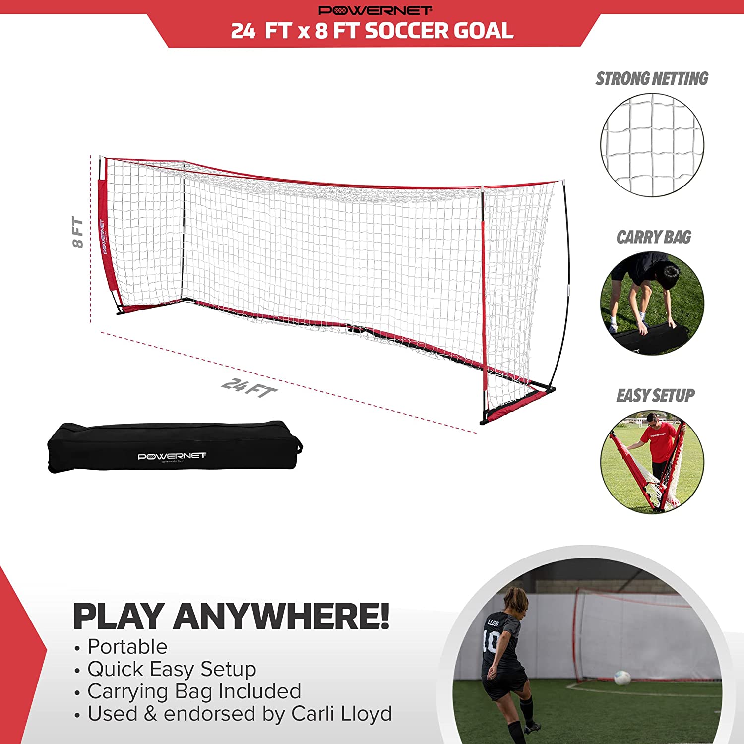 PowerNet Soccer Goal 24 x 8 Feet - Portable Soccer Net for Training & Backyard Games - Durable Football Goal for Kids & Adults - Perfect for Practice, Backyard, Park & Beach Use
