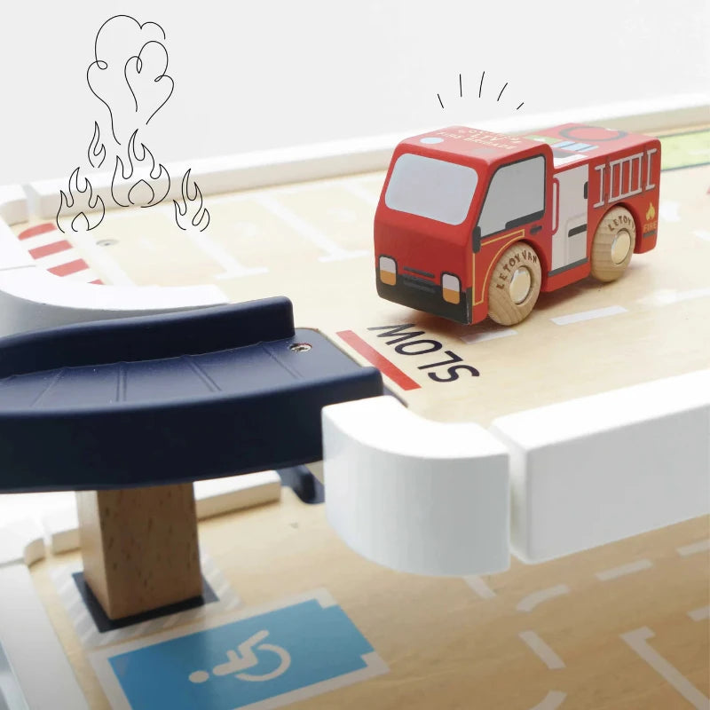 Fire & Rescue Wooden Toy Garage for Kids – Pretend Play Vehicle Storage & Rescue Missions – Perfect for Imaginative Play & Gift Ideas