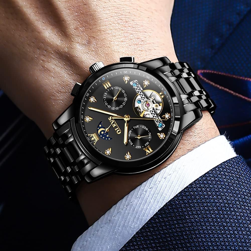 OLEVS Men's Automatic Skeleton Tourbillon Watch - Self-Winding Luxury Dress Watch with Diamond Accents, Stainless Steel Case, Waterproof, Luminous Hands, Moon Phase & Day Date Display - Perfect for Business, Formal Events & Gift Giving