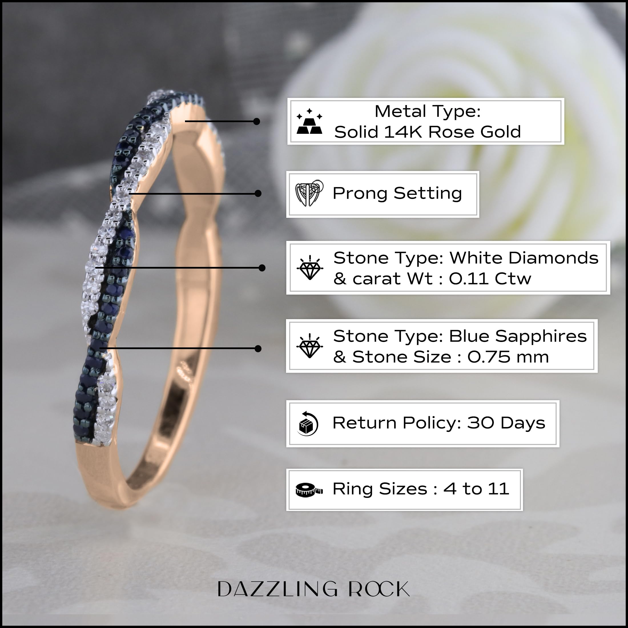 14K Solid Gold Round Blue Sapphire & White Diamond Swirl Stackable Ring for Women | Dazzlingrock Collection | Perfect for Weddings, Anniversaries & Special Occasions