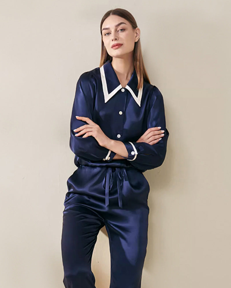 Luxury French Peaked Collar Silk Pajama Set for Women - Elegant Satin Sleepwear for Valentine's Day & Honeymoon - Perfect Gift for Her