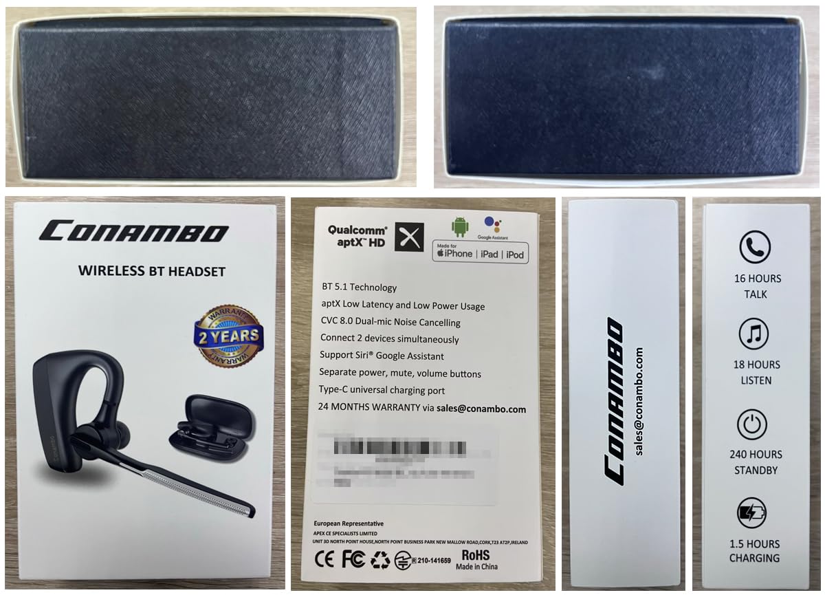 CONAMBO Bluetooth Headset V5.1 Wireless Earpiece - 16 Hours HD Talk Time, CVC8.0 Noise Cancelling, Dual Mic Hands-Free for iPhone Android Smartphones - Perfect for Driving, Business Calls & Office Use