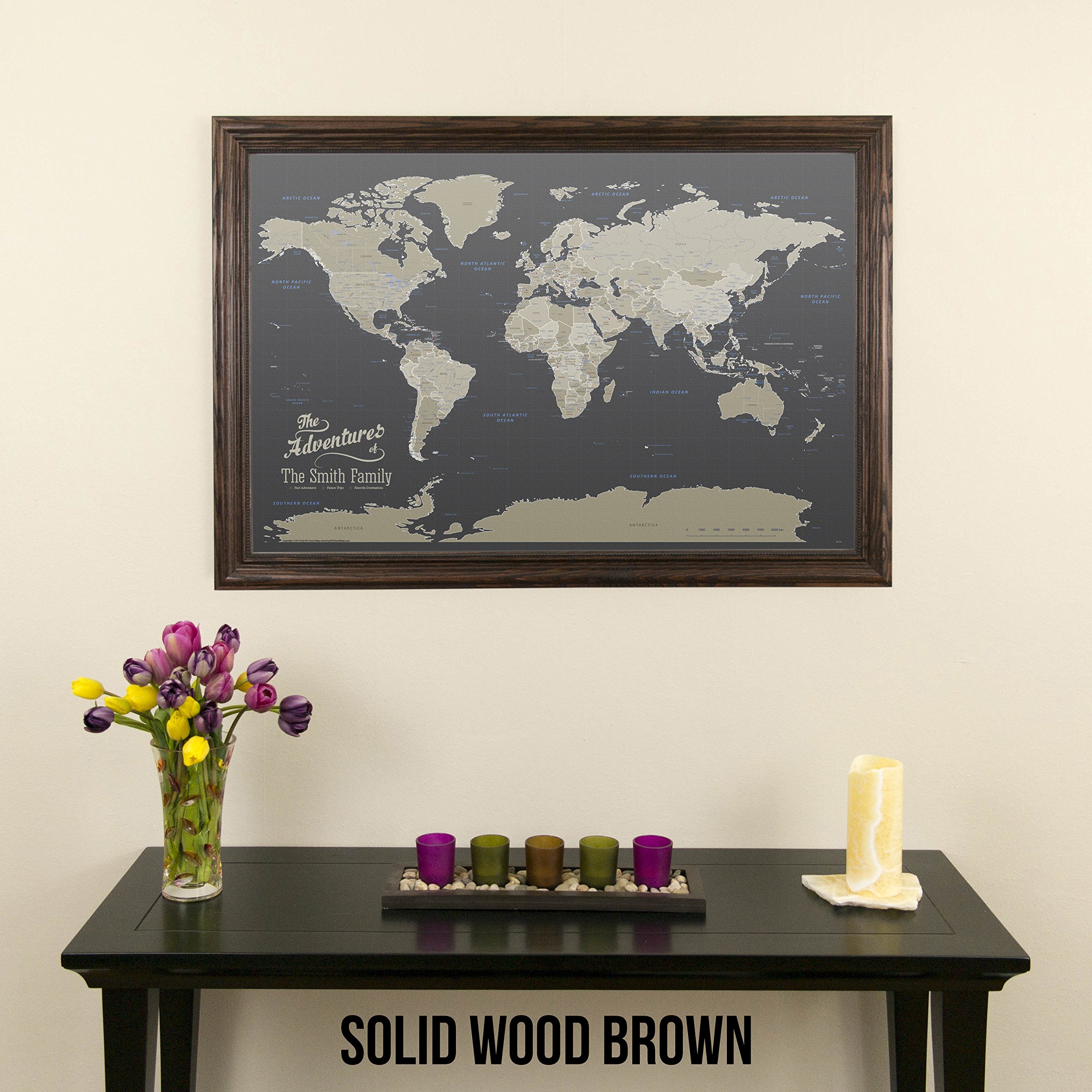 Personalized Earth-Toned World Push Pin Travel Map with Solid Wood Brown Frame - Perfect for Home Decor, Travel Gifts & Adventure Planning