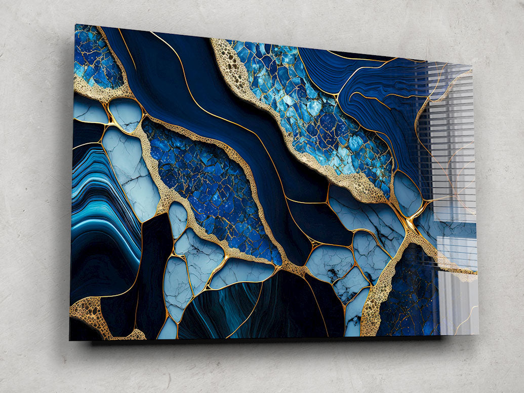 Golden Veined Blue Abstract Wall Art - Modern Canvas Painting for Home & Office Decor - Perfect for Living Room, Bedroom or Workspace