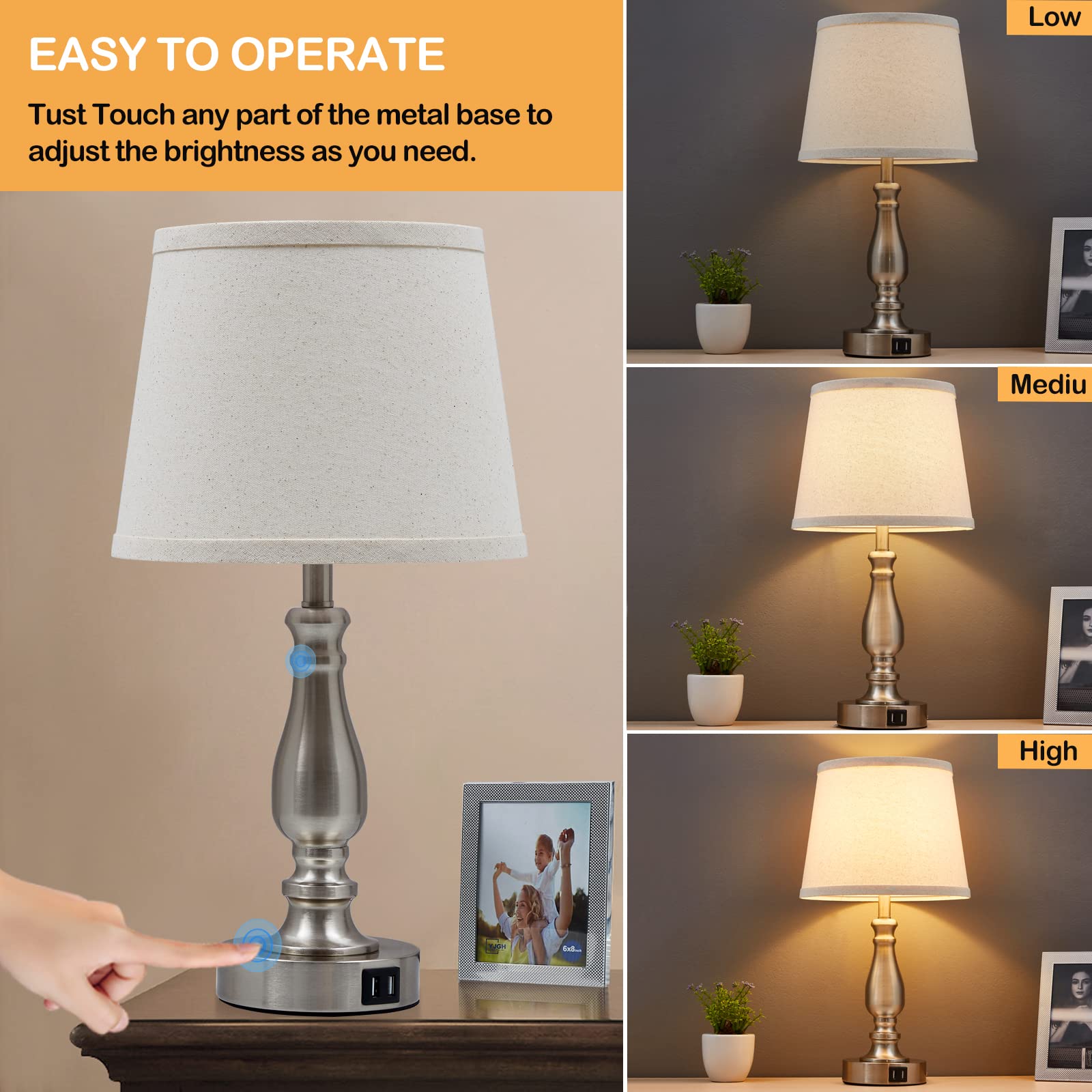 Set of 2 Brushed Nickel Bedside Lamps with USB Ports & 3-Way Dimmable Touch Control - Fabric Lampshade Nightstand Lights for Bedroom, Living Room & Office (Bulbs Included) | Perfect for Reading, Working & Creating Cozy Ambiance
