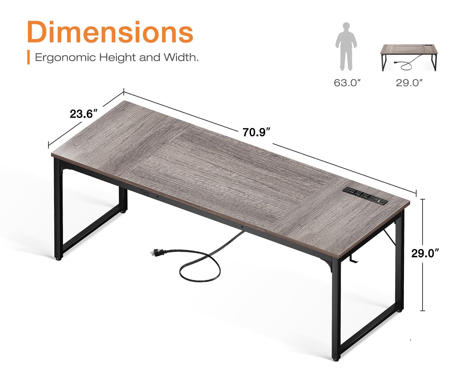 Coleshome 71 Inch Large Computer Desk with USB Ports - Sturdy Office Desk & Study Writing Table in Grey Oak - Perfect for Home Office, Gaming Setup & Student Workspace