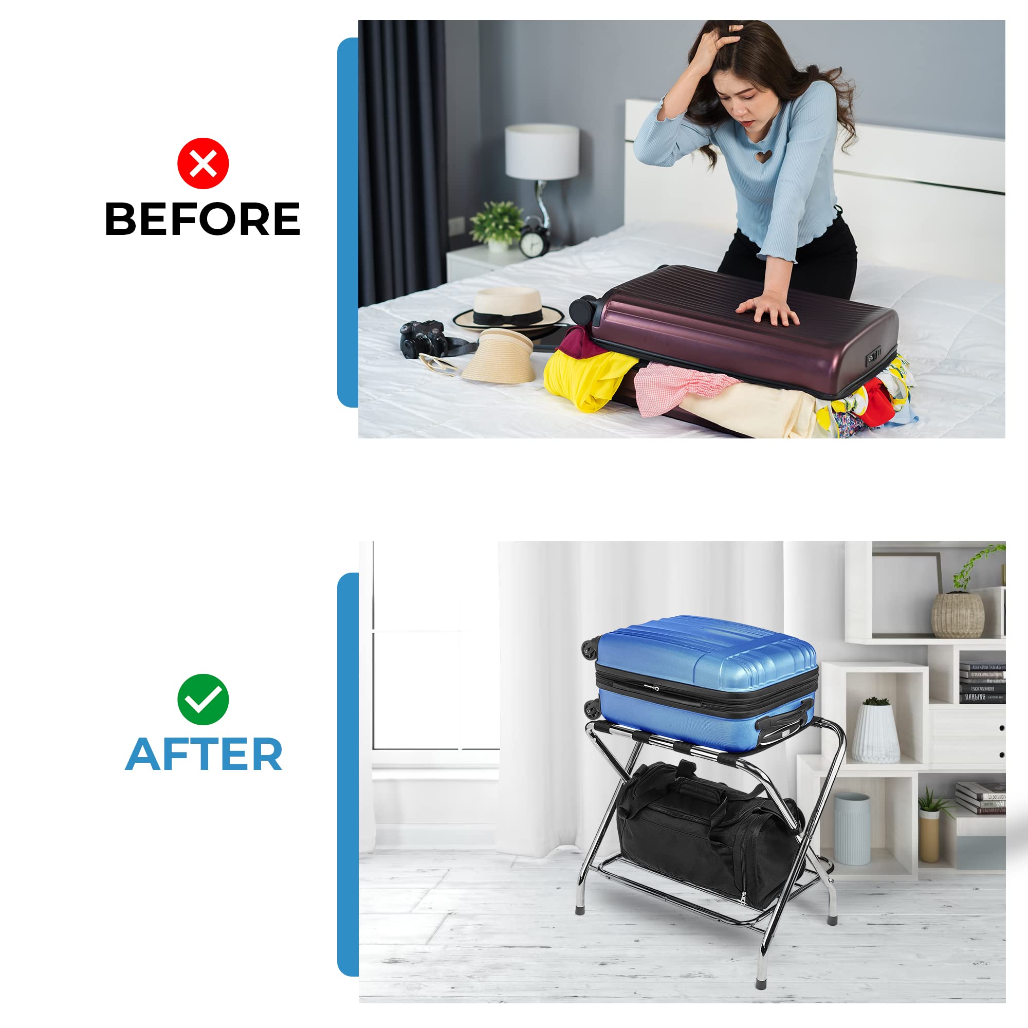 Foldable Metal Luggage Rack - Heavy Duty Suitcase Stand for Bedroom, Hotel & Travel | Space-Saving Folding Storage Rack for Suitcases & Bags (Double Rack, Pack of 2) - Perfect for Guest Rooms, Closet Organization & Travel Packing