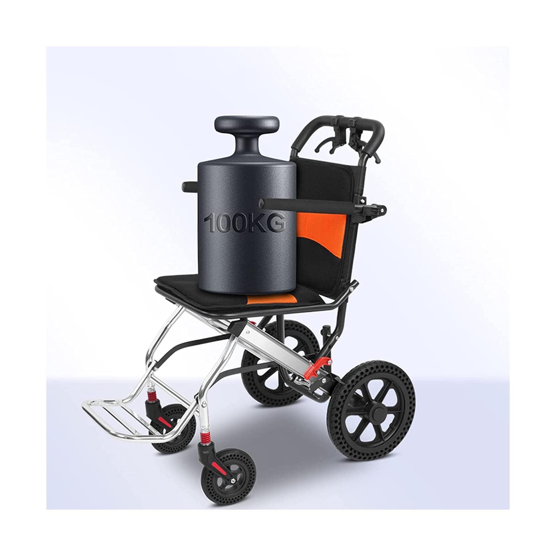 FXJ Portable Folding Travel Wheelchair with Handbrakes - Lightweight Aluminum Alloy Transport Wheelchair for Seniors & Airplane Travel - 12 Inch Rear Wheels - Ideal for Elderly Mobility, Airport Assistance & Outdoor Activities