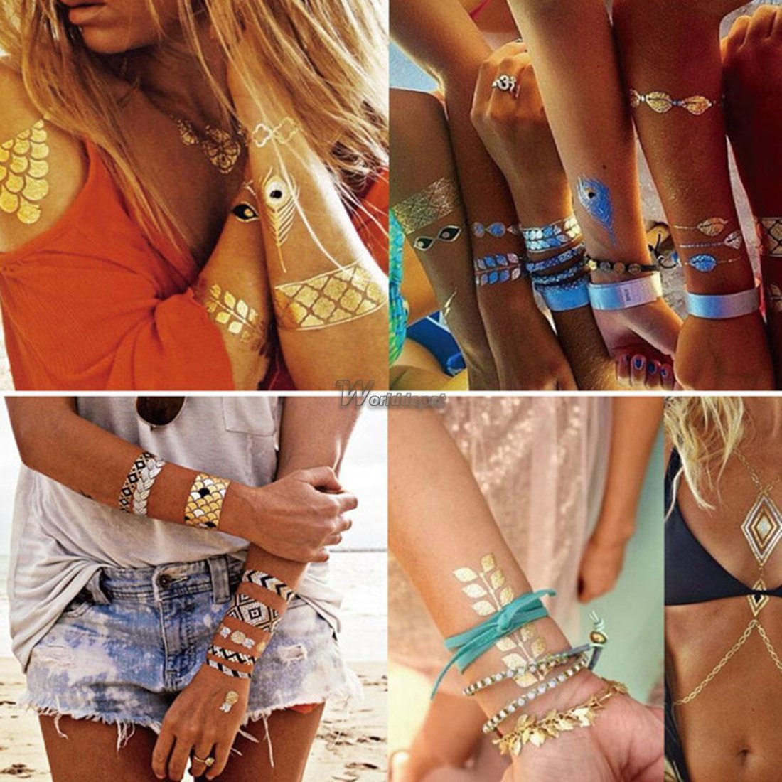 Metallic Temporary Tattoos for Women & Girls - Golden & Silver Ancient Design - 19x15cm (1PC) - Perfect for Festivals, Parties, and Special Occasions