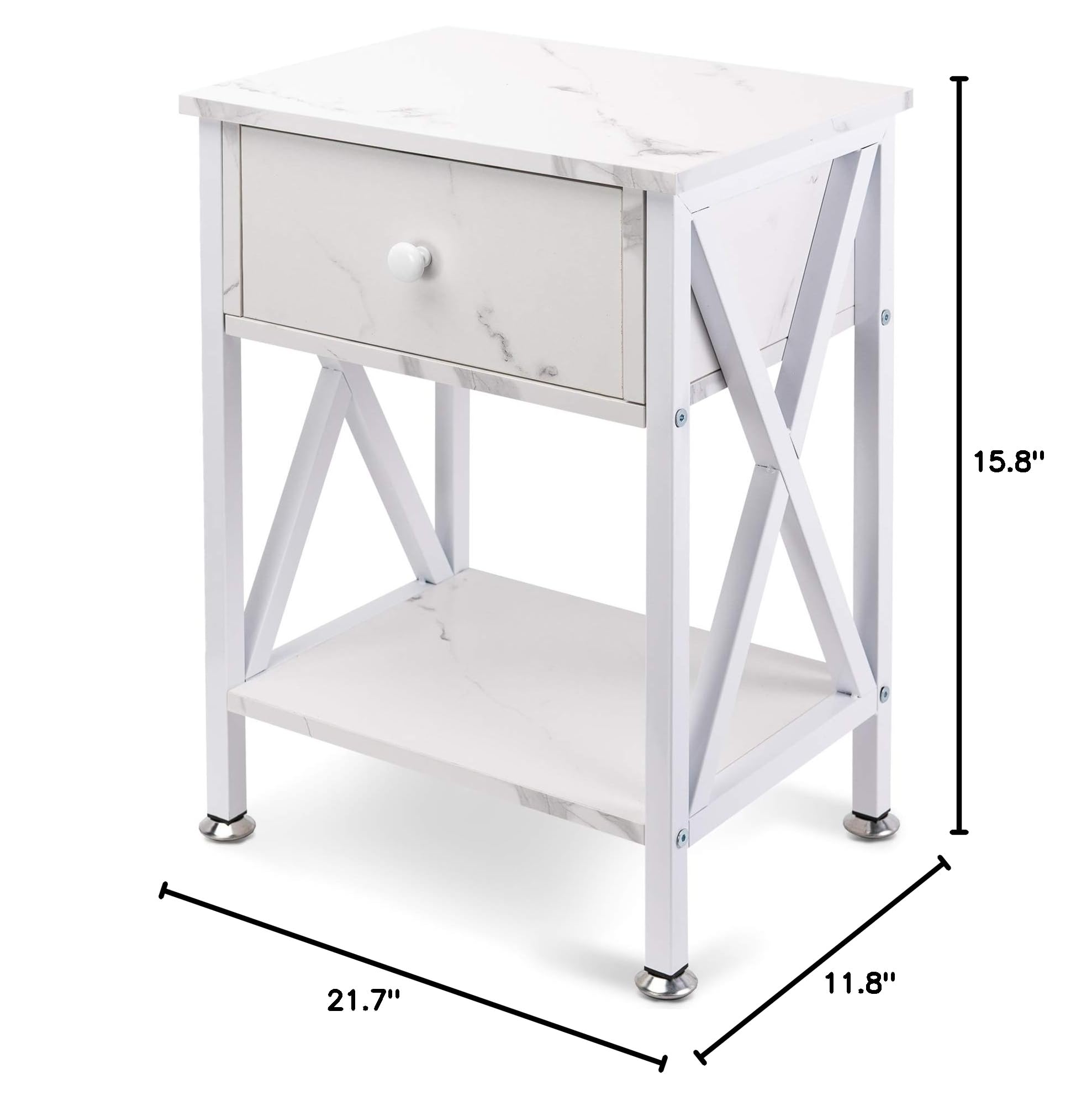 GOOD & GRACIOUS Multi-Function Nightstand with Drawer & Shelf - Narrow X-Shape Frame End Table for Bedroom, Living Room - Marble White | Perfect for Small Spaces, Bedside Storage & Modern Home Decor