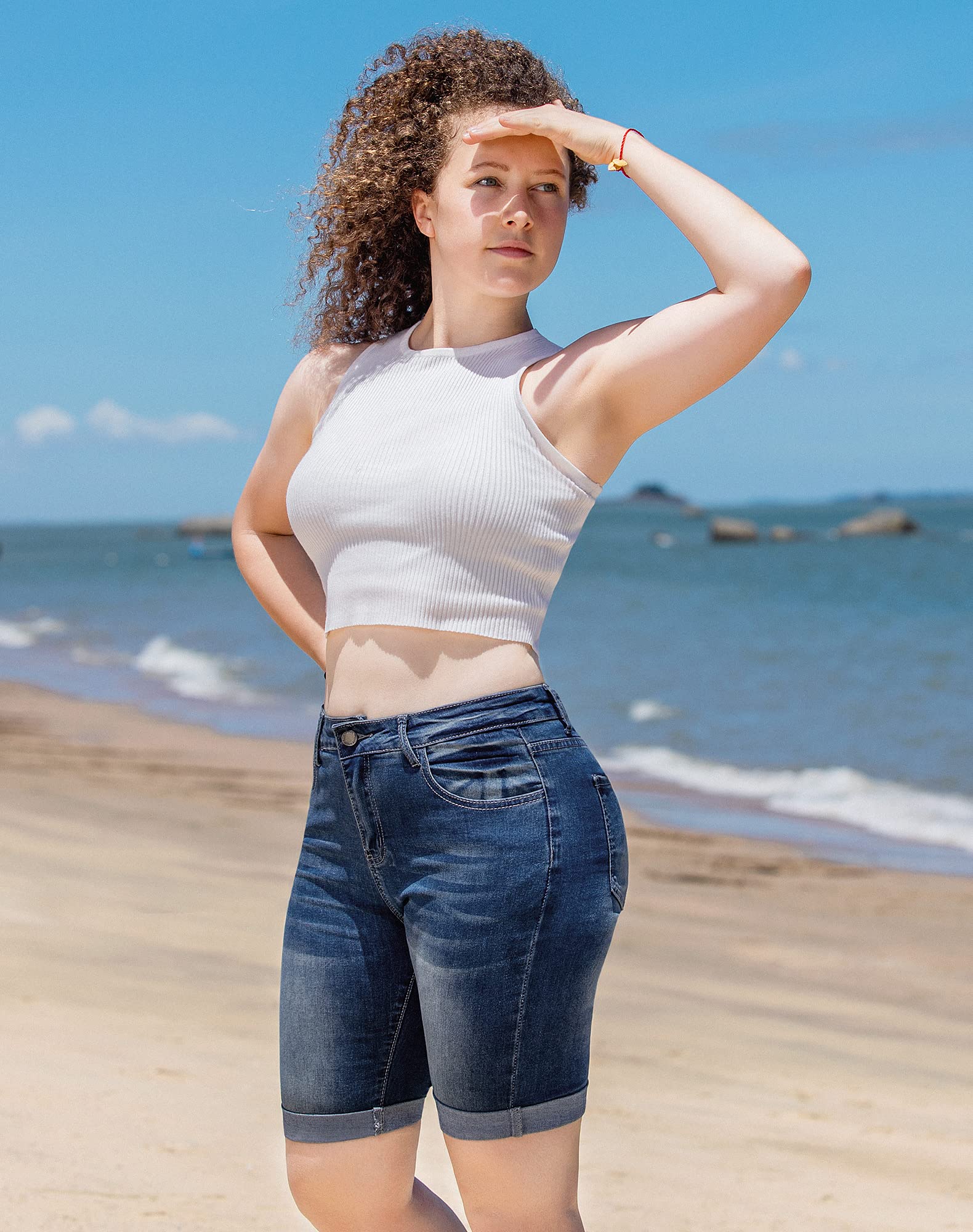 Roswear Women's Mid Rise Roll Cuff Bermuda Stretch Denim Jean Shorts - Comfortable Casual Summer Shorts for Beach, Travel & Everyday Wear