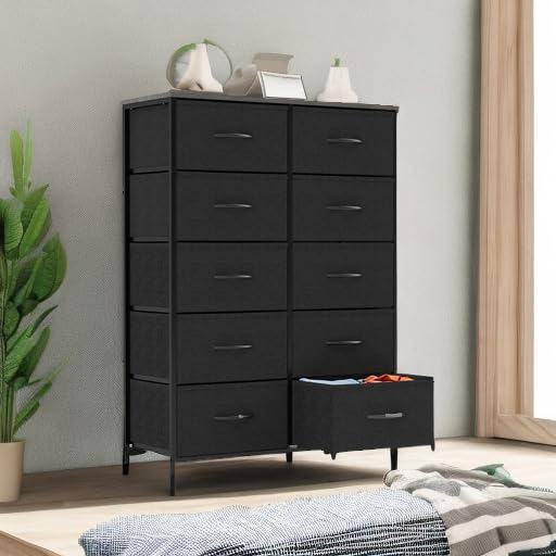 Sweetcrispy 10-Drawer Tall Dresser for Bedroom - Wood Top & Steel Frame Chest of Drawers with Fabric Bins - Spacious Storage Organizer for Clothes, Accessories & More - Perfect for Bedroom, Closet & Entryway Organization