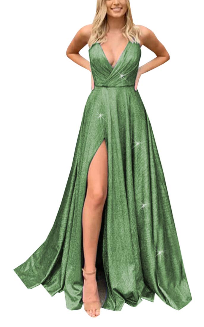 Sparkling V-Neck Spaghetti Strap Prom Dress with High Slit - Elegant Long Evening Gown for Women 2020 | Perfect for Homecoming, Prom Night & Formal Parties