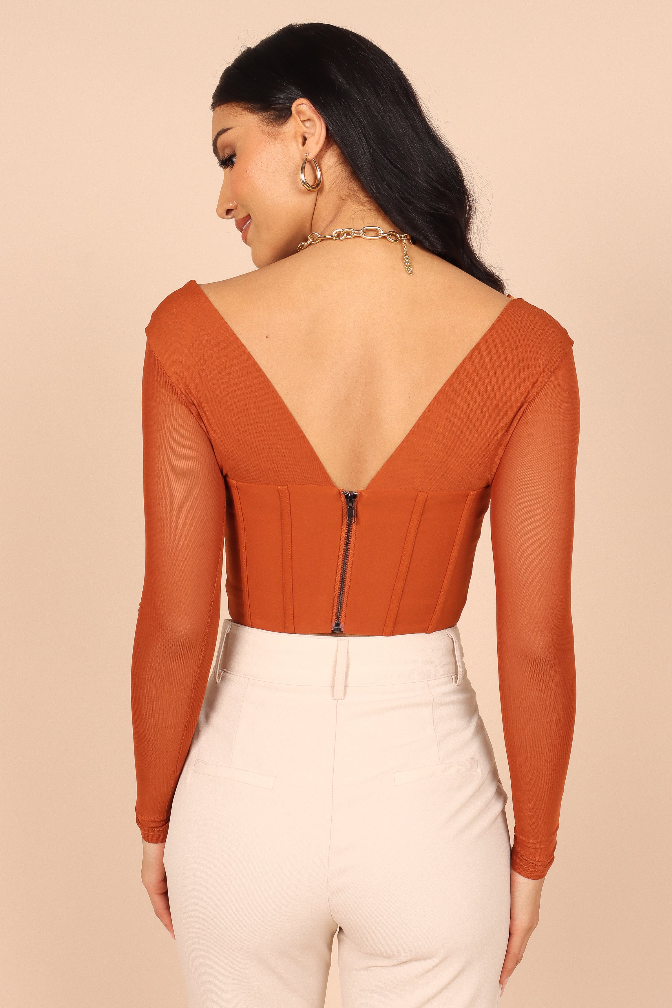Elidy Women's Long Sleeve Mesh Corset Top - Sexy Cinnamon Bodysuit for Party, Club & Date Night | Stretchy Lace-Up Bustier Shirt for Fashion Outfits