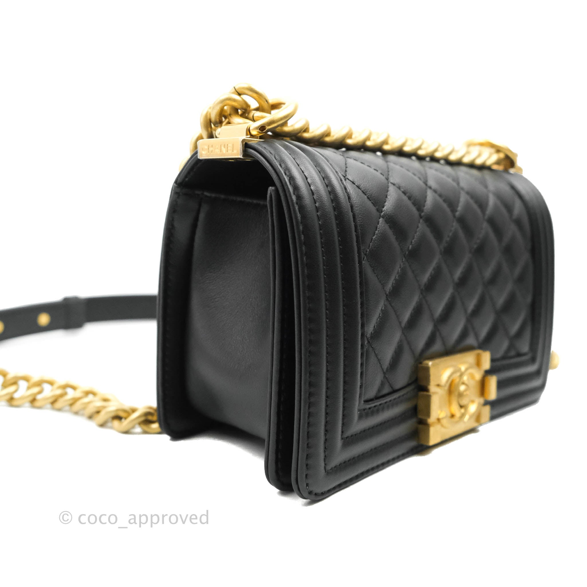 Chanel Boy Quilted Small Handbag Black Calfskin Leather with Aged Gold Hardware - Perfect for Evening Events, Parties & Luxury Fashion Accessories