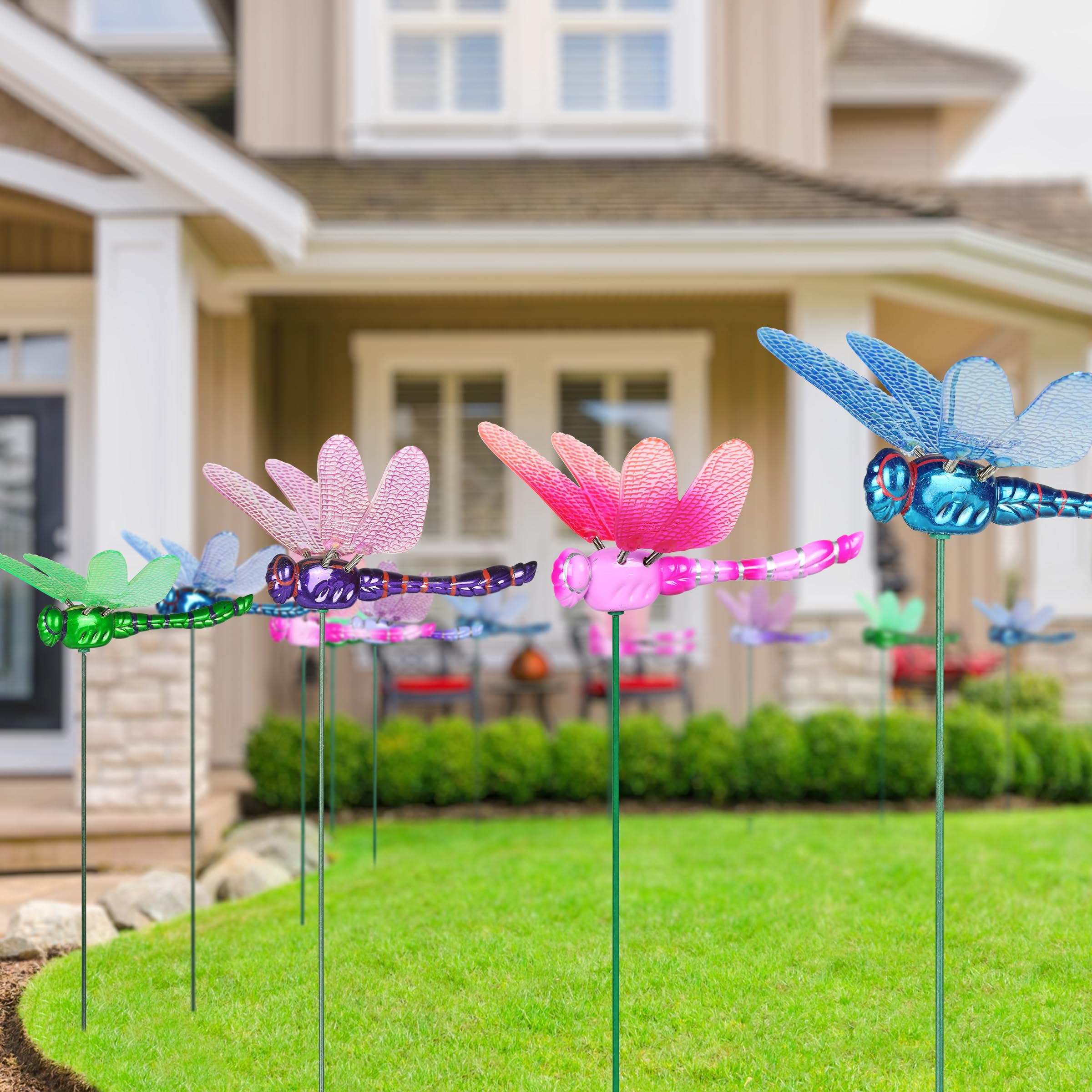 Exhart Garden Stake Set of 6 - Dragonfly Wind Spinners Outdoor Decor, 6 x 4 x 15.5 Inch Metal Yard Art for Garden, Patio, Lawn - Perfect for Backyard, Flower Beds & Landscape Decoration