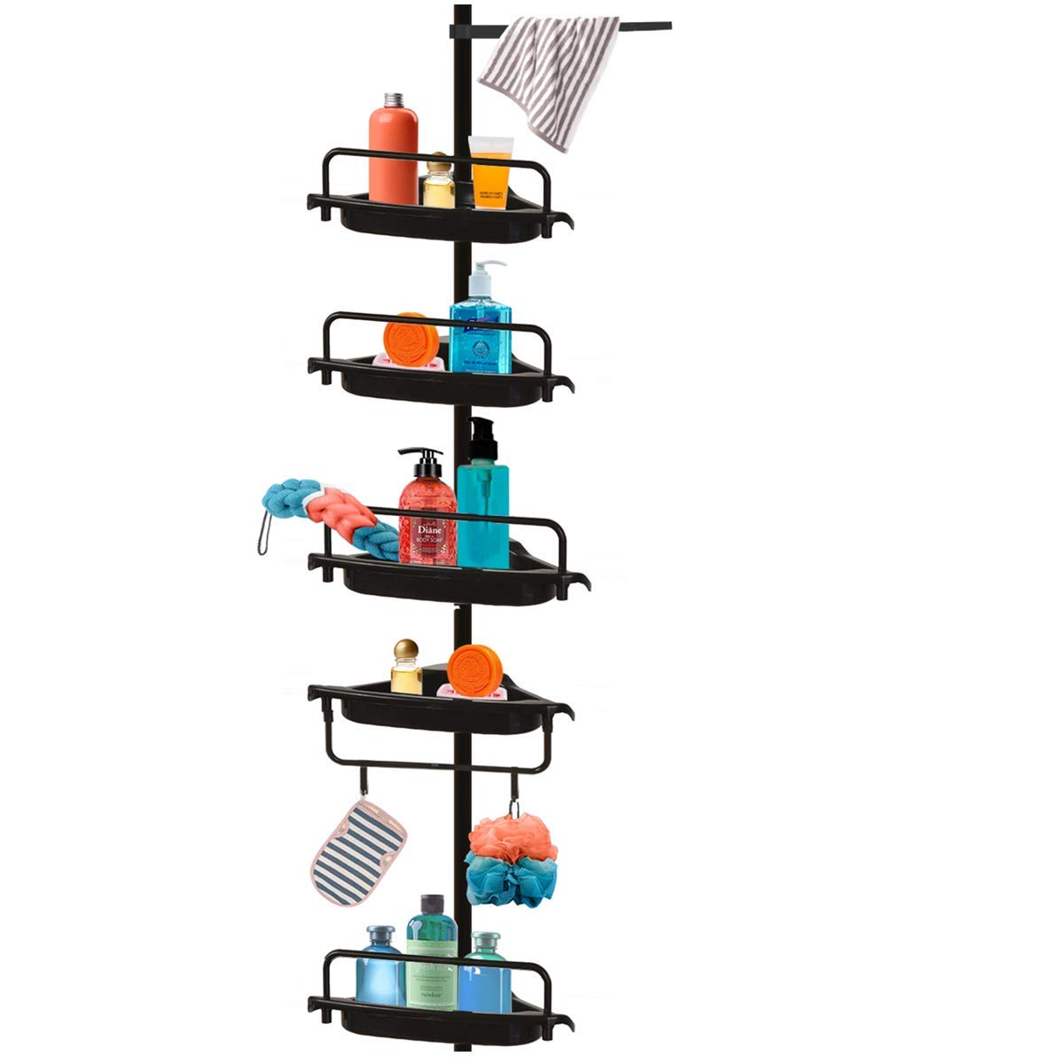 Vailge Constant Tension Corner Shower Caddy - 5-Tier Rustproof Stainless Steel Shower Organizer with Sturdy Pole | Space-Saving Bathroom Storage for Shampoo, Conditioner & Toiletries (Black)