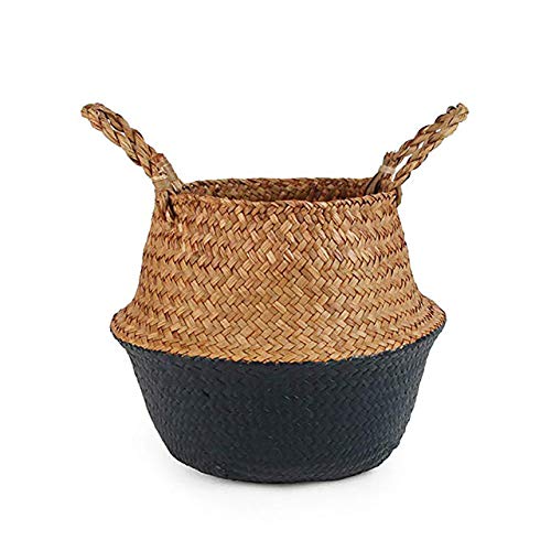 Seagrass Storage Baskets - 22x20cm Wicker Laundry & Toy Organizer, Hanging Flower Pot Basket for Home Decor (Black) | Perfect for Nursery, Bathroom & Closet Organization