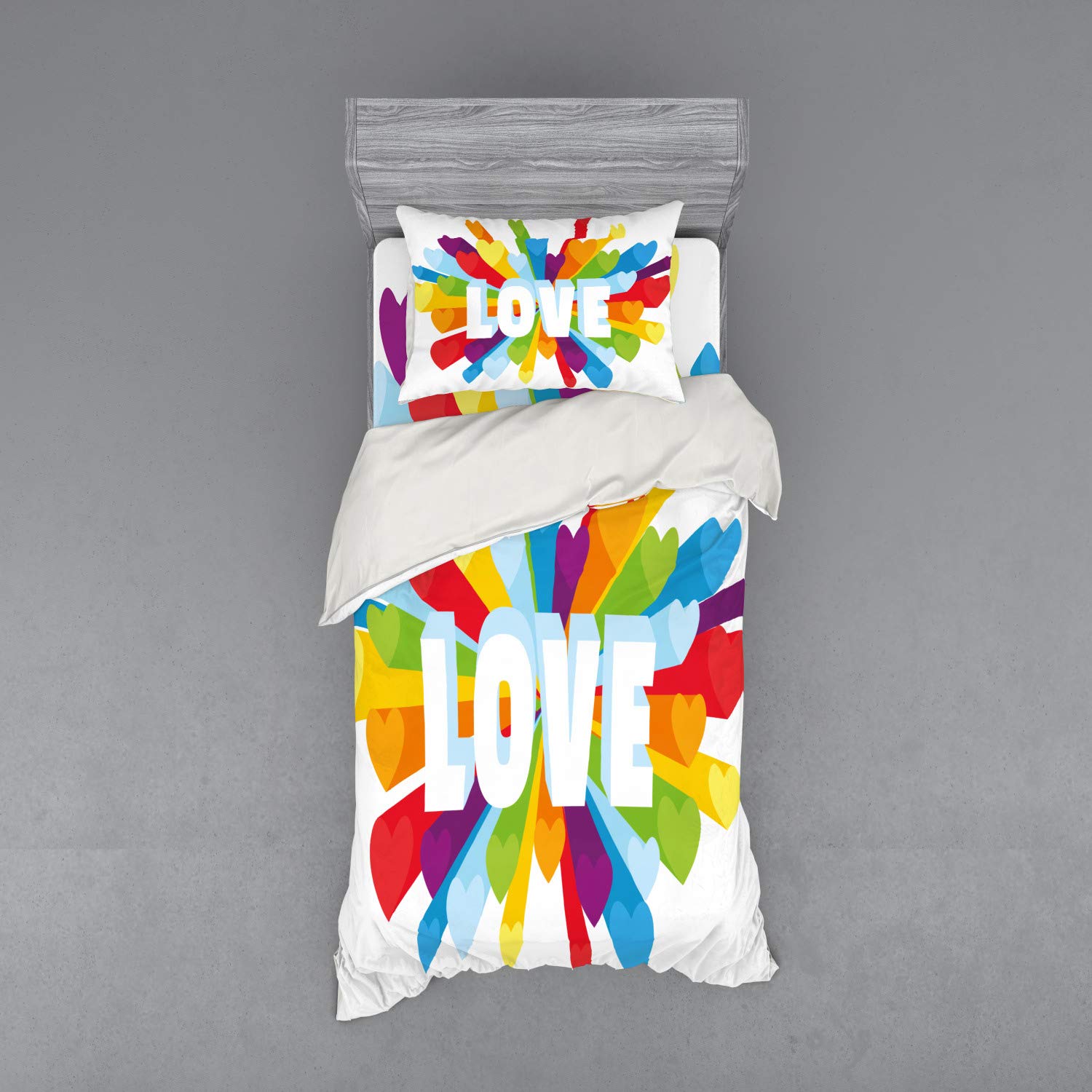 Ambesonne Pride Bedding Set - 3 Piece Duvet Cover with Sham & Fitted Sheet, Twin XL Size, Colorful Hearts & LGBT Love Design, Multicolor - Perfect for Pride Month, LGBTQ+ Celebrations & Themed Bedrooms