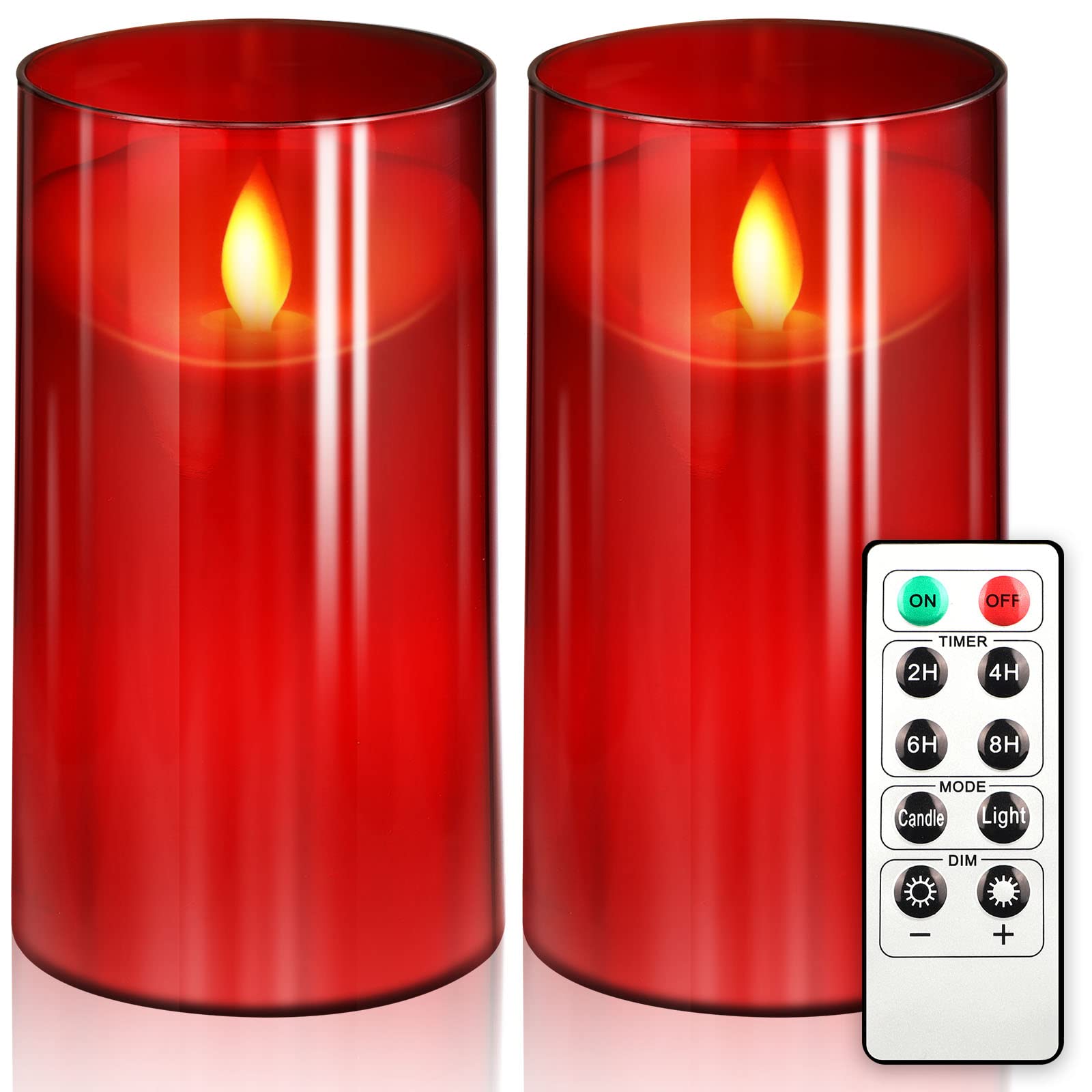 NURADA 3x5 Inch Flickering Flameless LED Candles - Battery Operated Unbreakable Glass Pillar Candles with Remote & Timer, Red - Perfect for Home Decor, Weddings, and Romantic Dinners